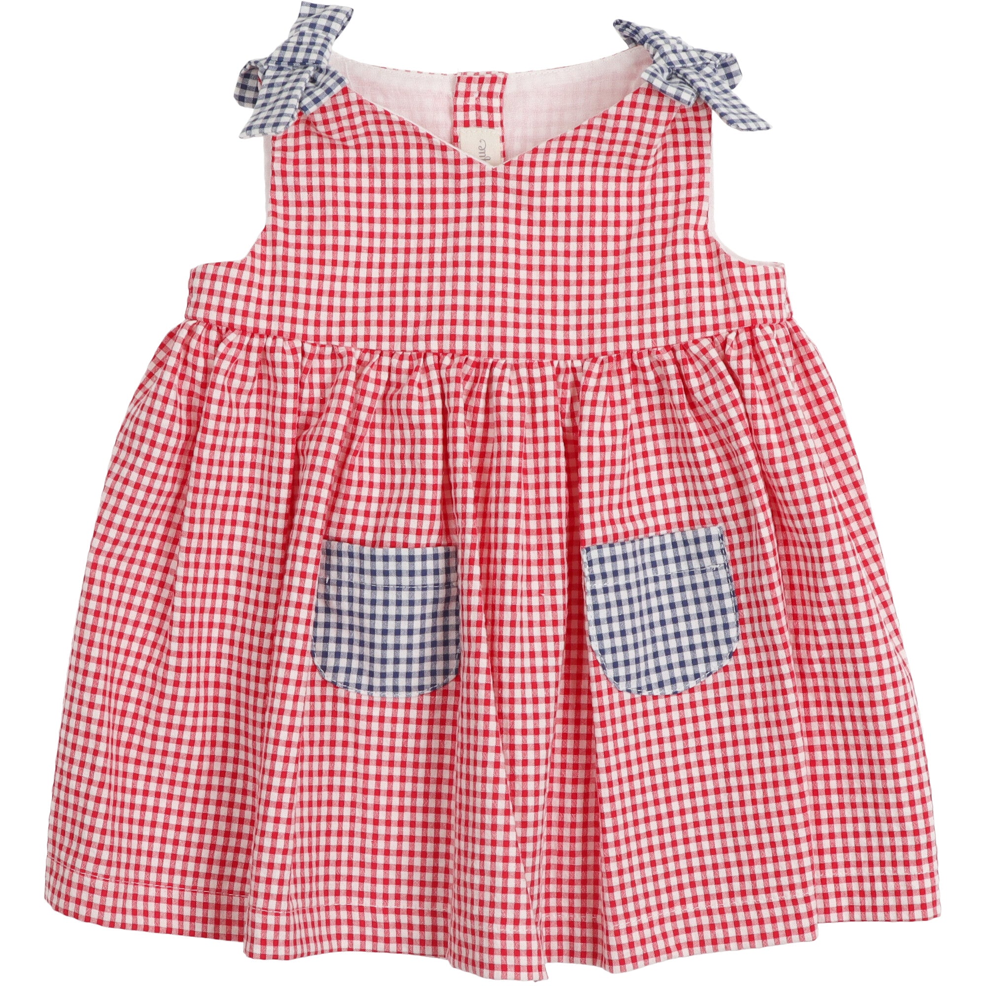 Abitino da bambina in cotone vichy rosso con fiocchi blu, tasche frontali e culotte abbinata. Ideale per l’estate