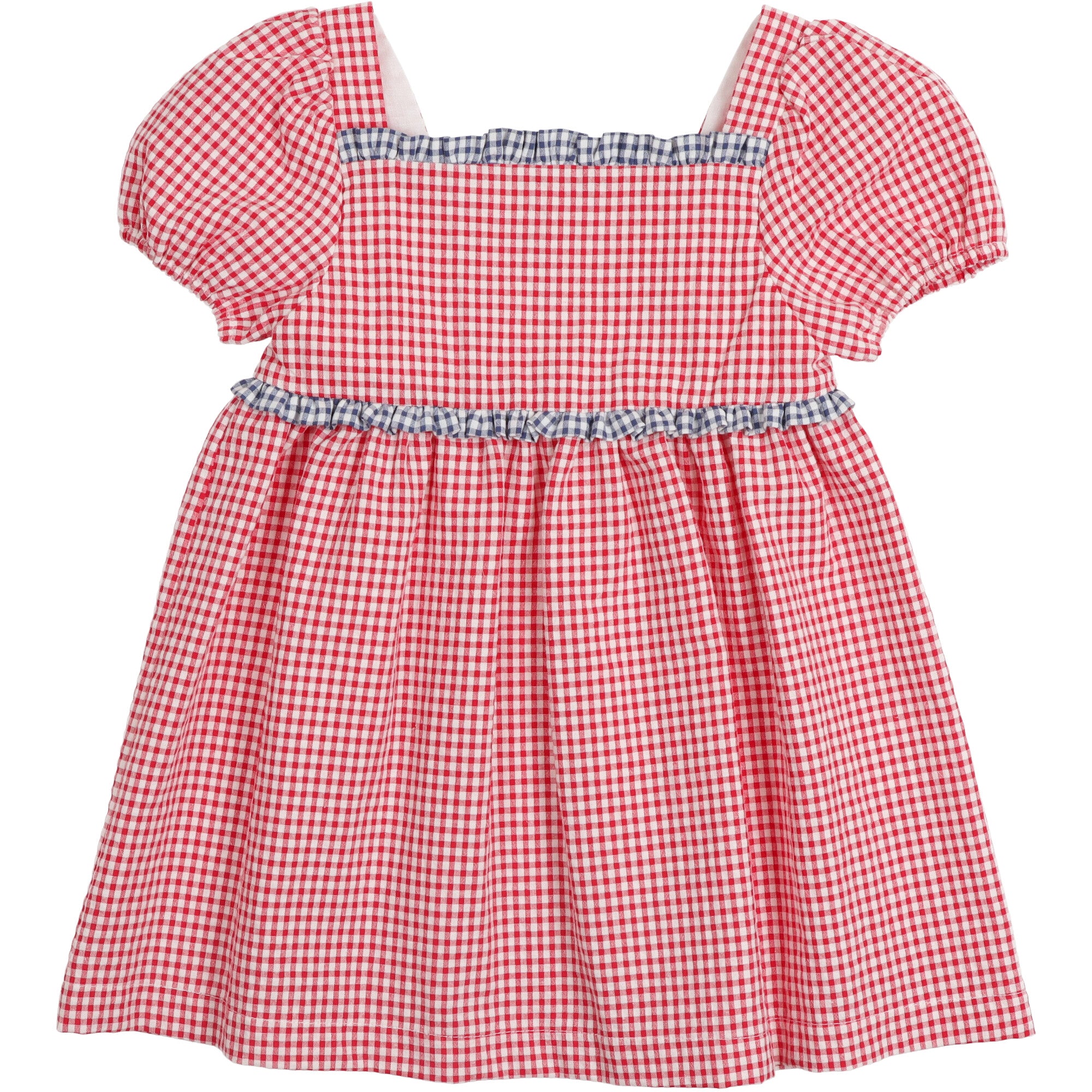 vestito bimba in vicky colore rosso manica a palloncino e contrasti in colore blu