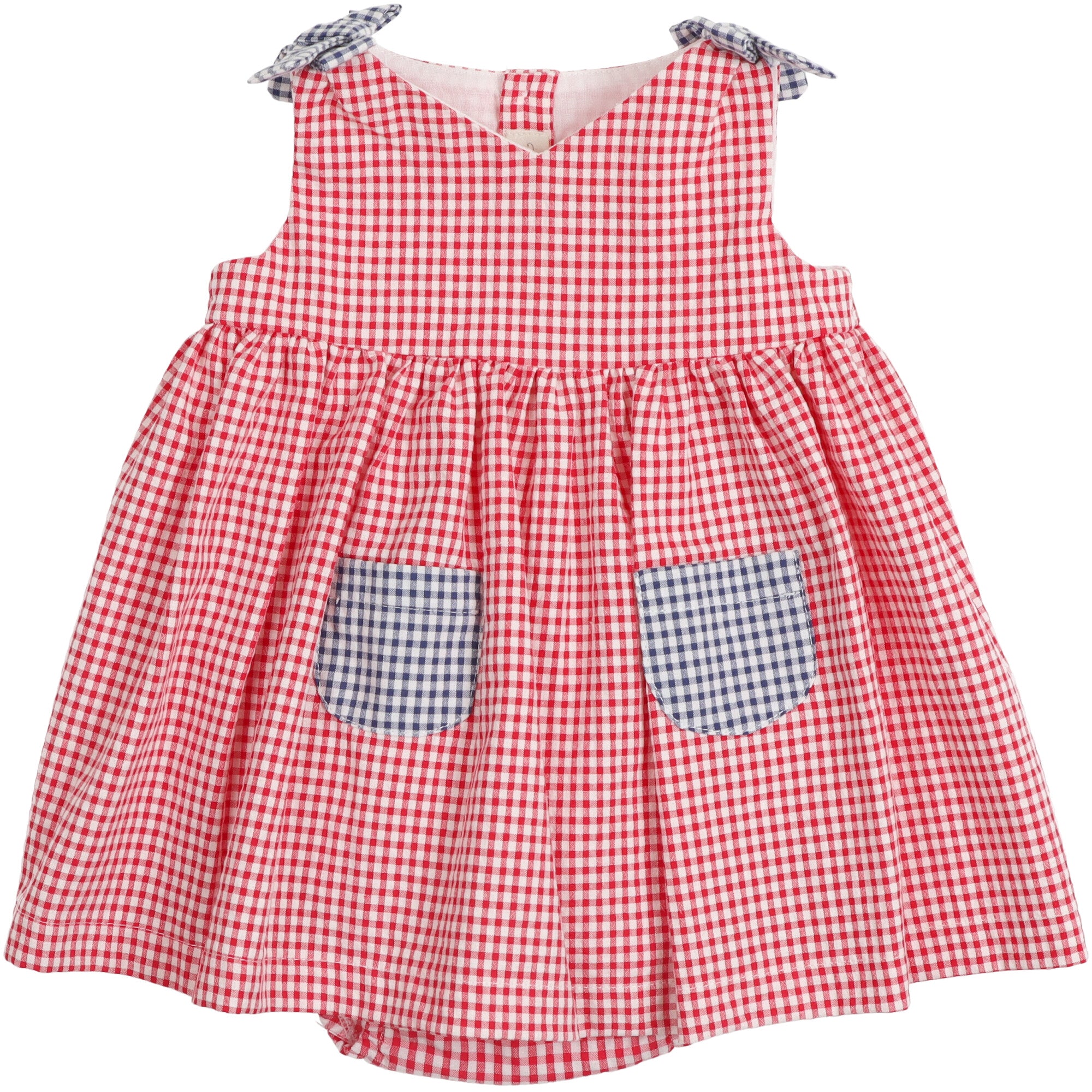 Abito da bambina in cotone vichy rosso con fiocchi blu e tasche frontali completo di mutandine copripannolino abbinate
