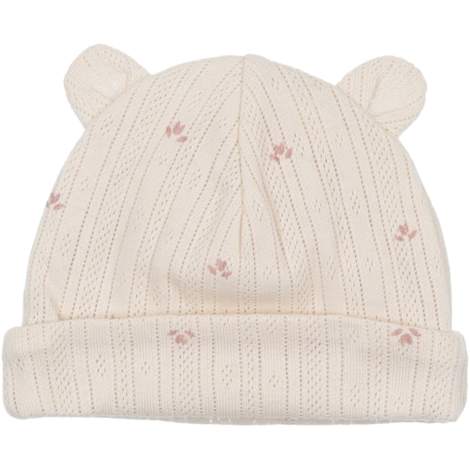 cappellino-per-neonata-corredino-nascita-beige-con-fiori-colore-rosa-con-risvolto