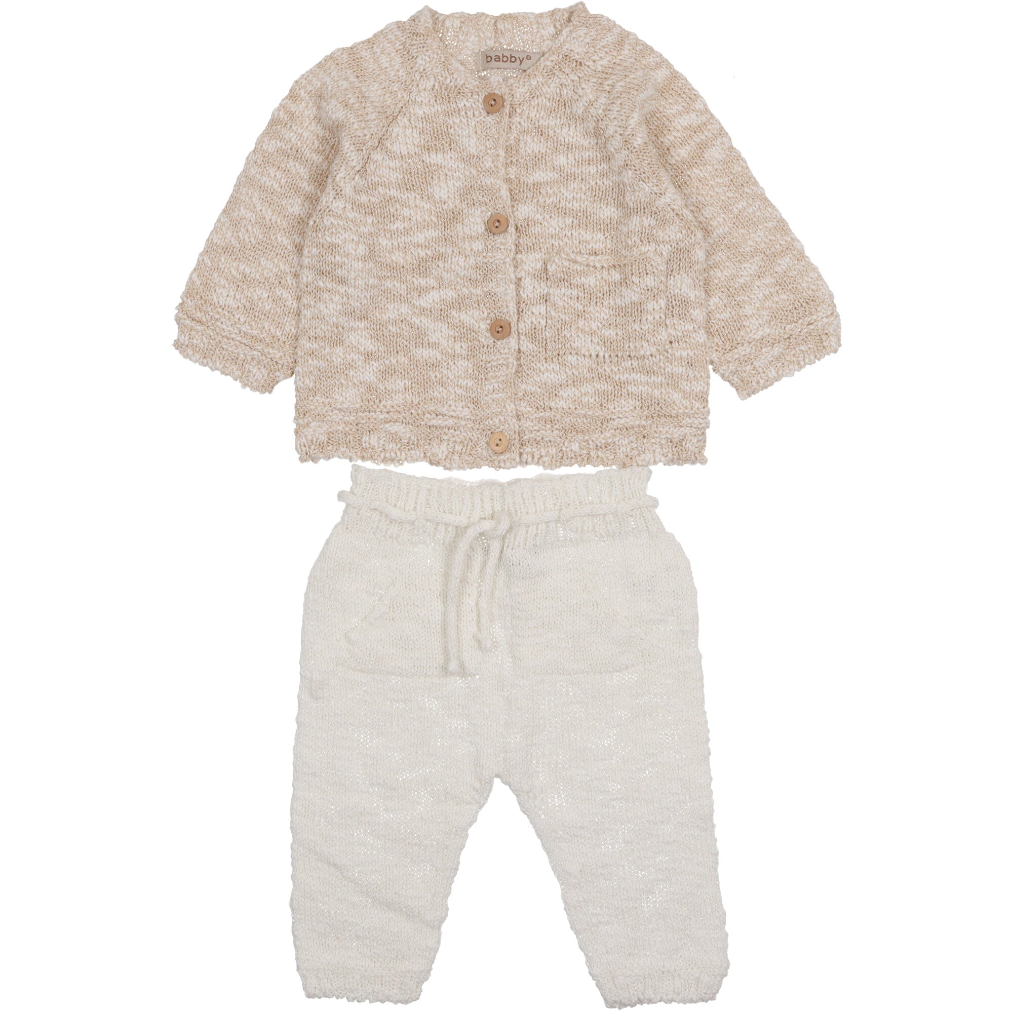 cardigan-beige-melange-e-pantalone-bianco-in-filo-di-cotone