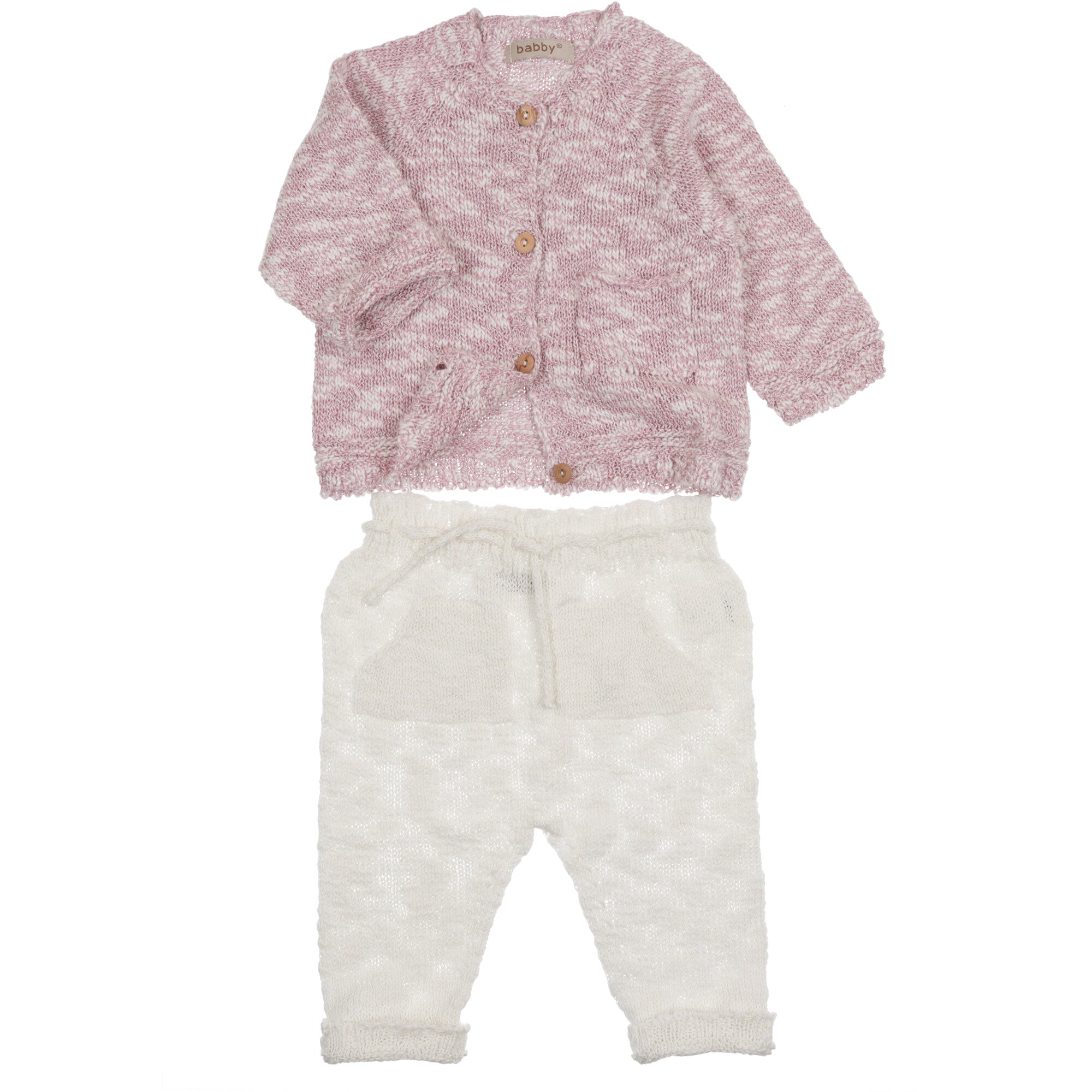 cardigan-rosa-melange-e-pantalone-bianco-in-filo-di-cotone