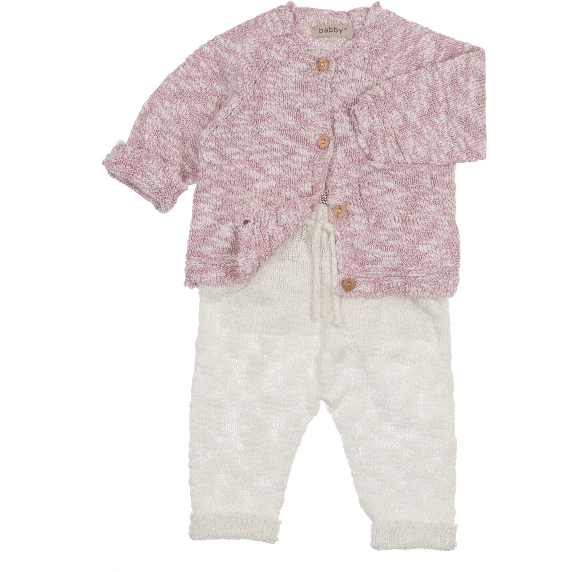 cardigan-rosa-melange-e-pantalone-bianco-in-filo-di-cotone