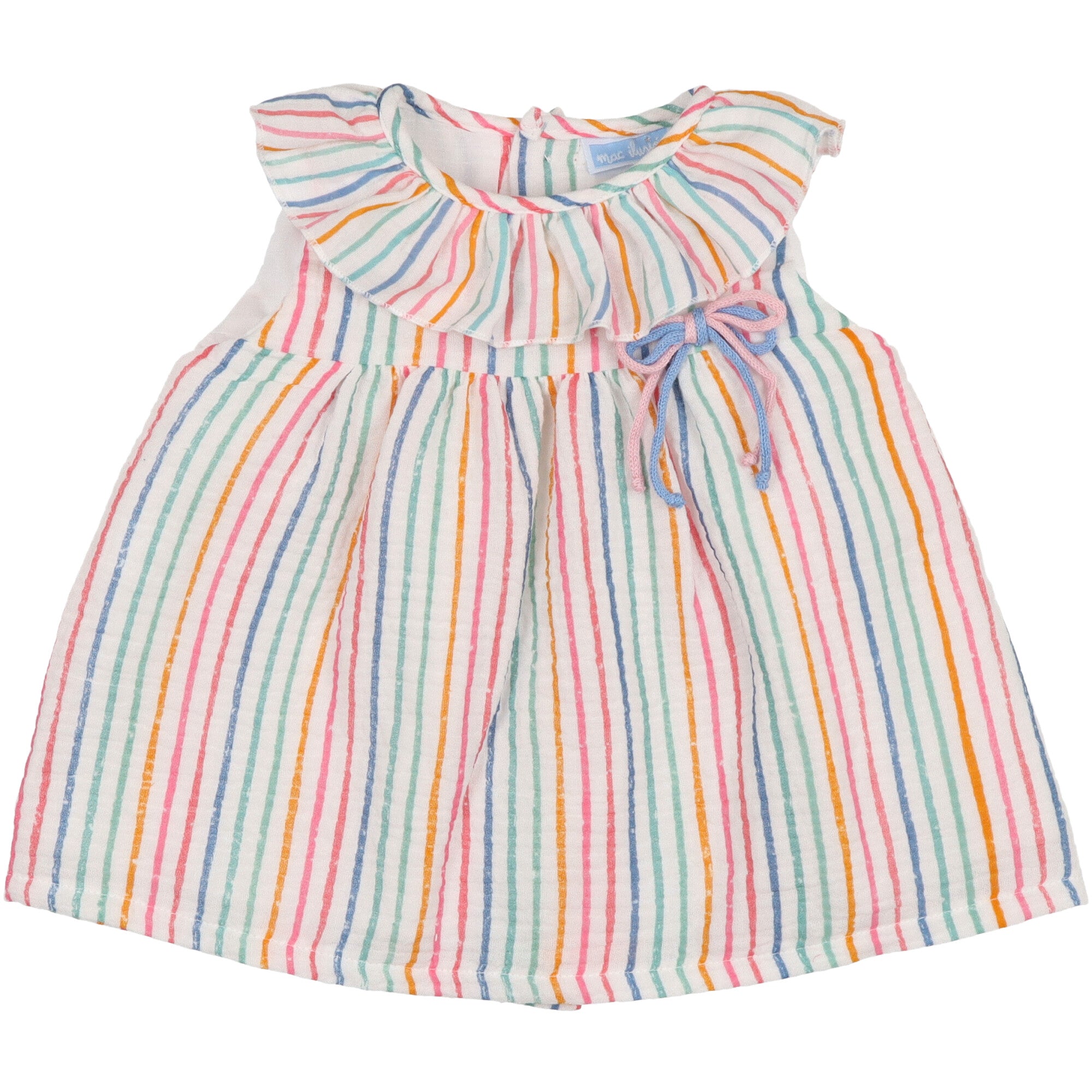 completo per bambina composto da abito in cotone stampa a righe colorato completo di coulotte in filo di cotone colore rosa