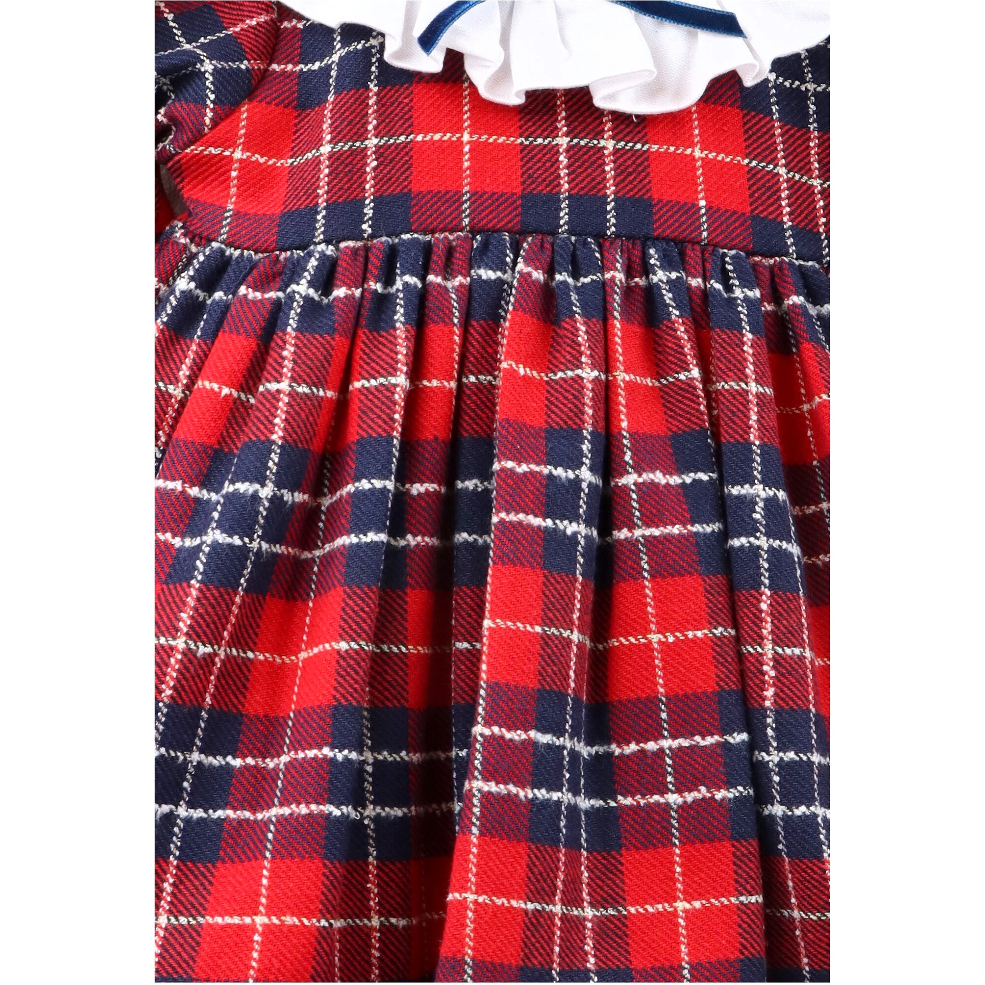 Abito scozzese per bambina con colletto bianco e fiocco blu, ideale per Natale e occasioni speciali. Elegante, caldo e confortevole.