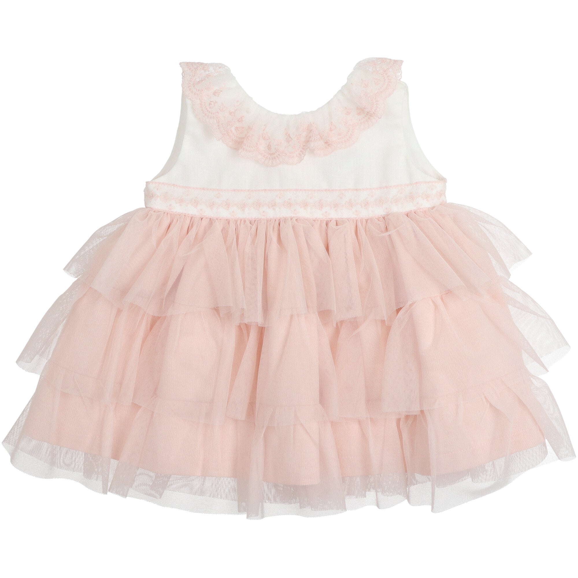 Abito cerimonia bambina con corpetto bianco colletto ricamato rosa fascia decorativa in pizzo riportato vita alta e gonna ampia in tulle rosa cipria a balze