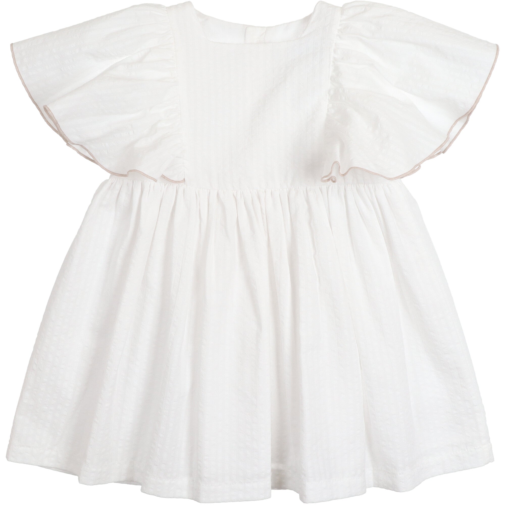 abito bambina elegante cotone jacquard bianco maniche a farfalla bordo a contrasto tortora foderato con sottogonna gonna ampia cerimonia estate