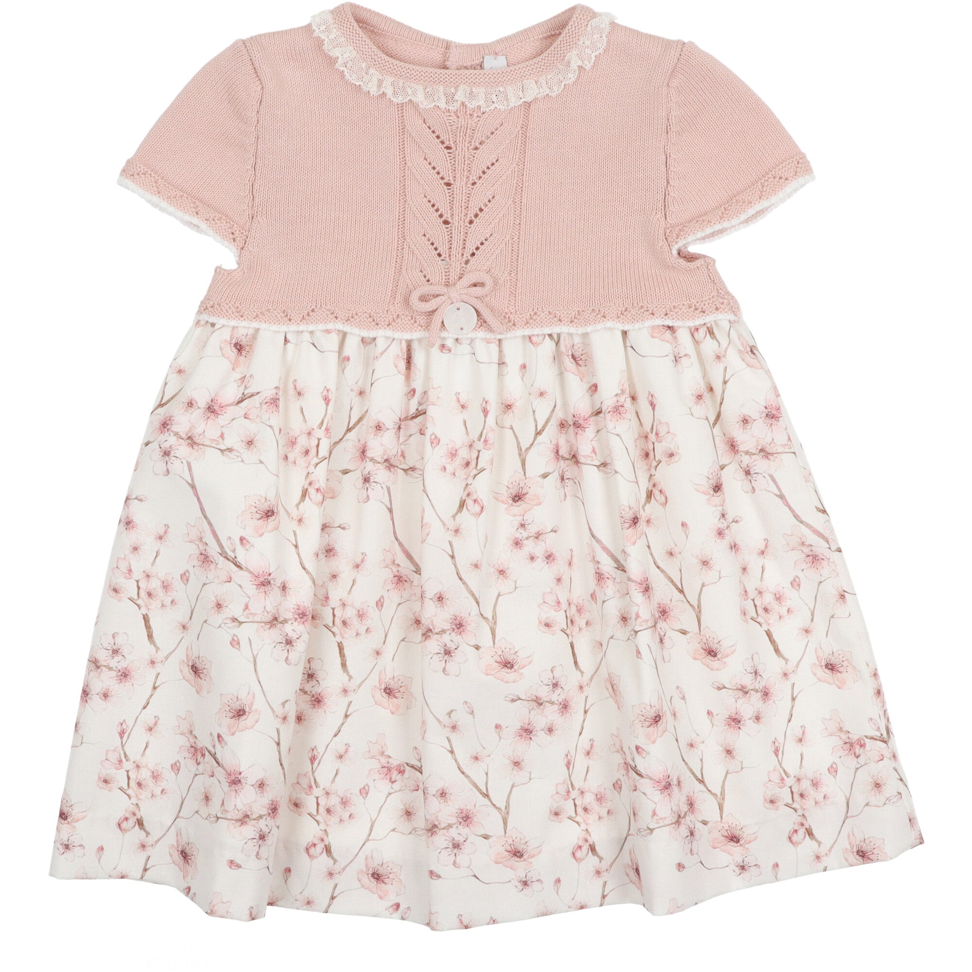 Abito per neonata rosa con corpetto in maglia e gonna floreale elegante e ideale per la primavera e l’estate