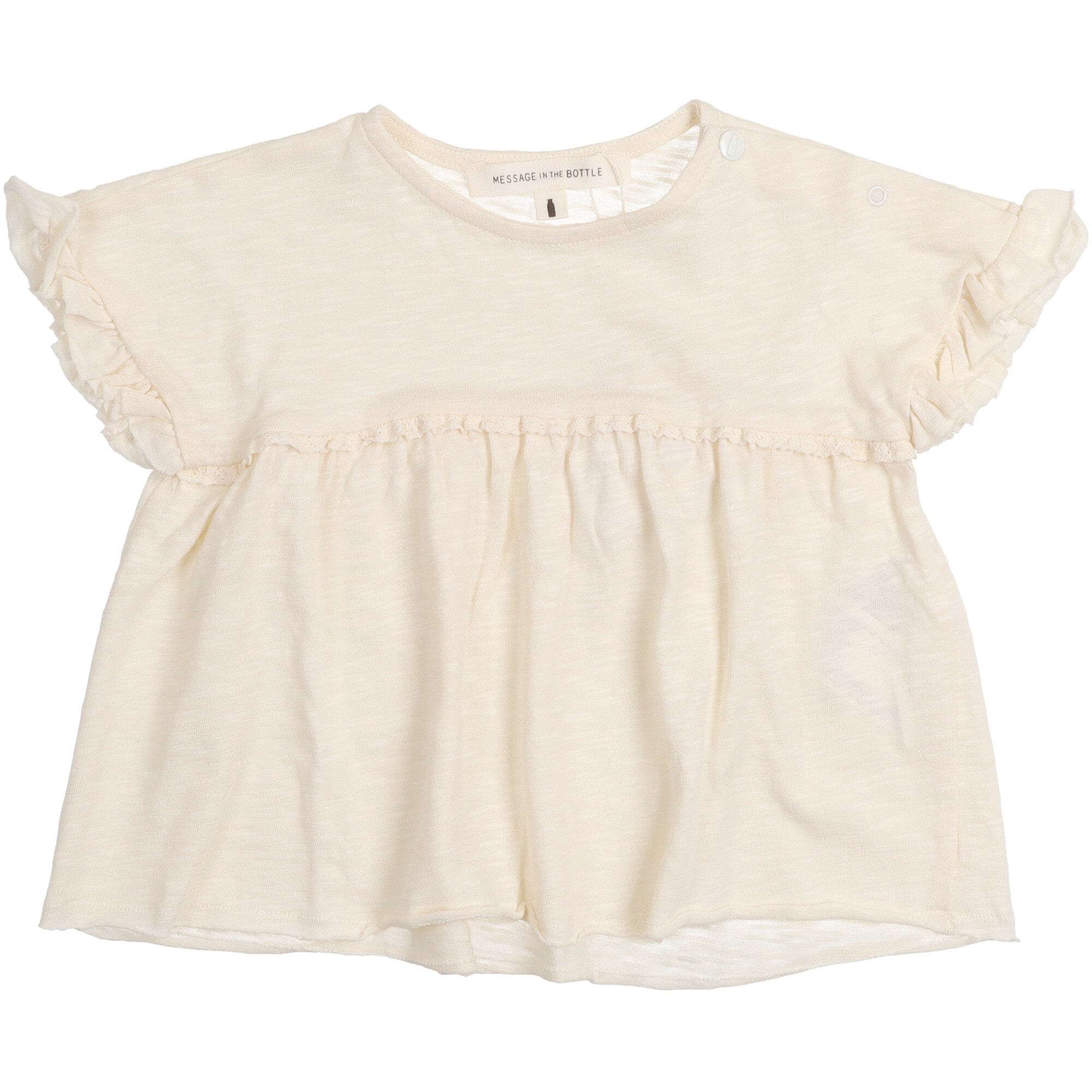 Blusa neonato in cotone leggero color naturale con maniche a volant e arricciatura sotto il petto