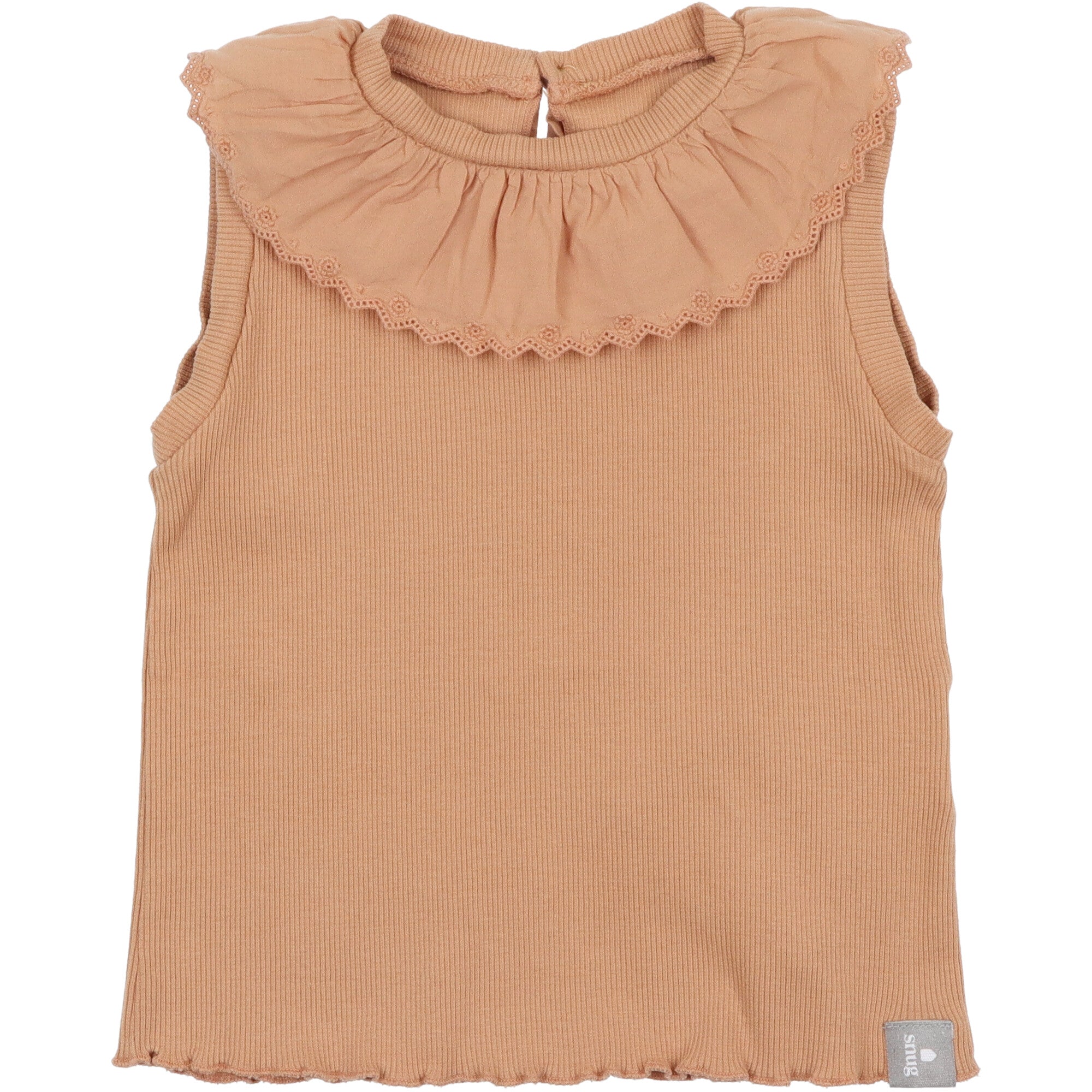Canottiera bambina in cotone biologico a coste colore ruggine con colletto arricciato in ricamo inglese e apertura a goccia sul retro.