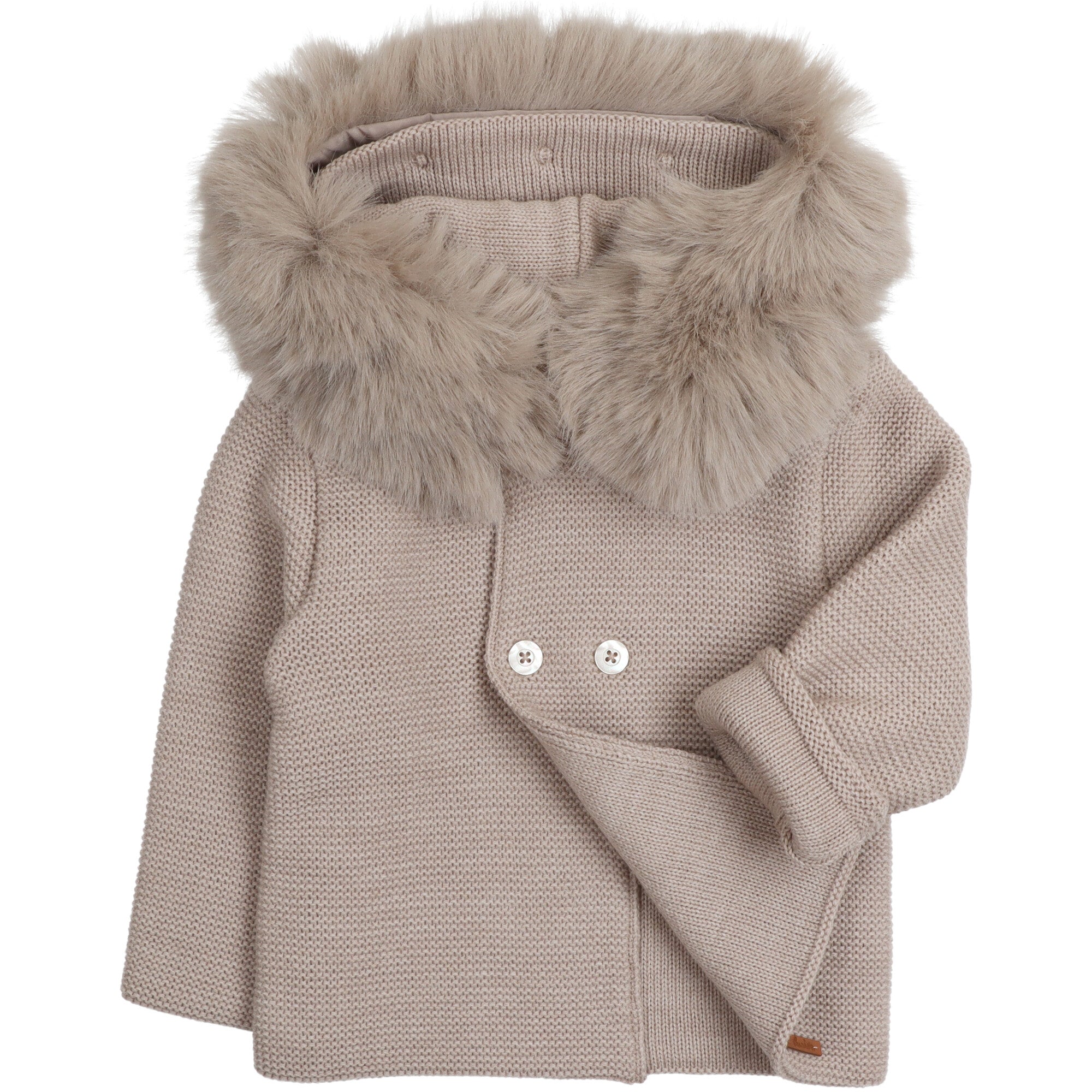 Cappottino neonato in maglia a doppio strato con bottonatura a doppio petto e cappuccio con eco-pelliccia rimovibile