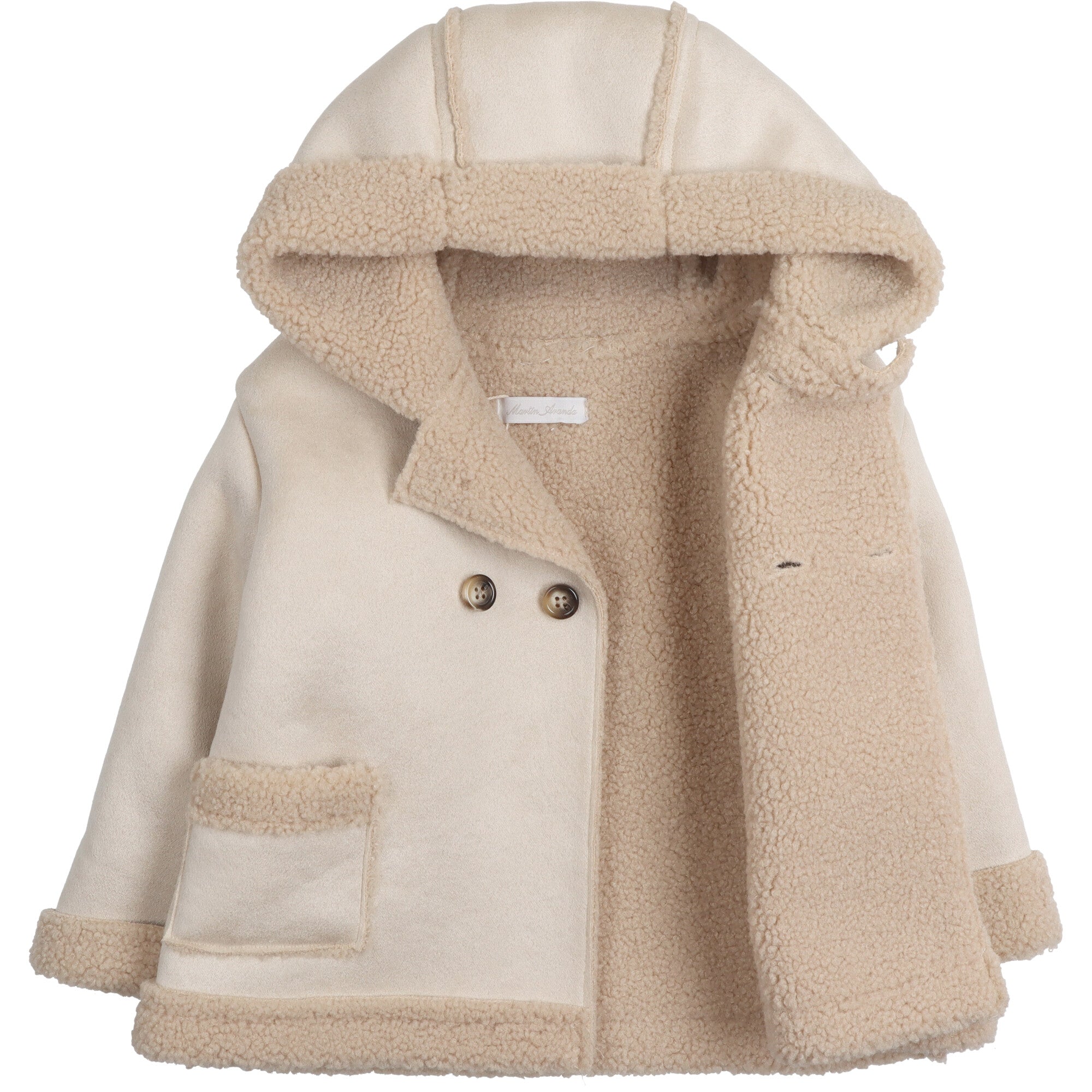 Cappottino neonato beige effetto montone con cappuccio, bottoni frontali e tasche applicate