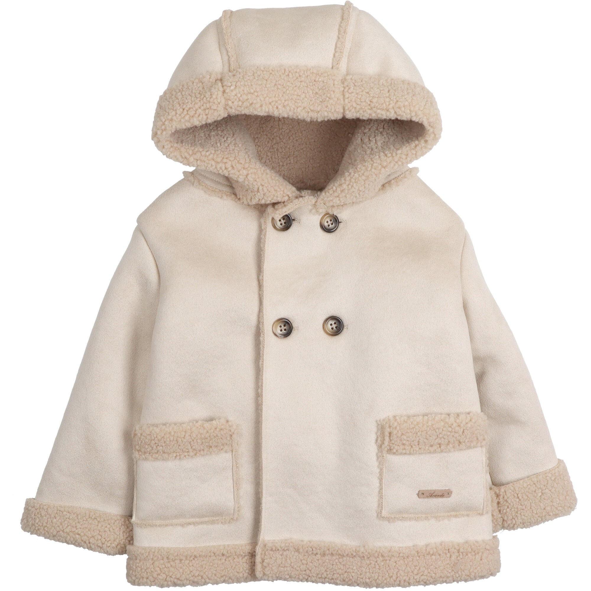 Cappottino neonato beige effetto montone con cappuccio, bottoni frontali e tasche applicate