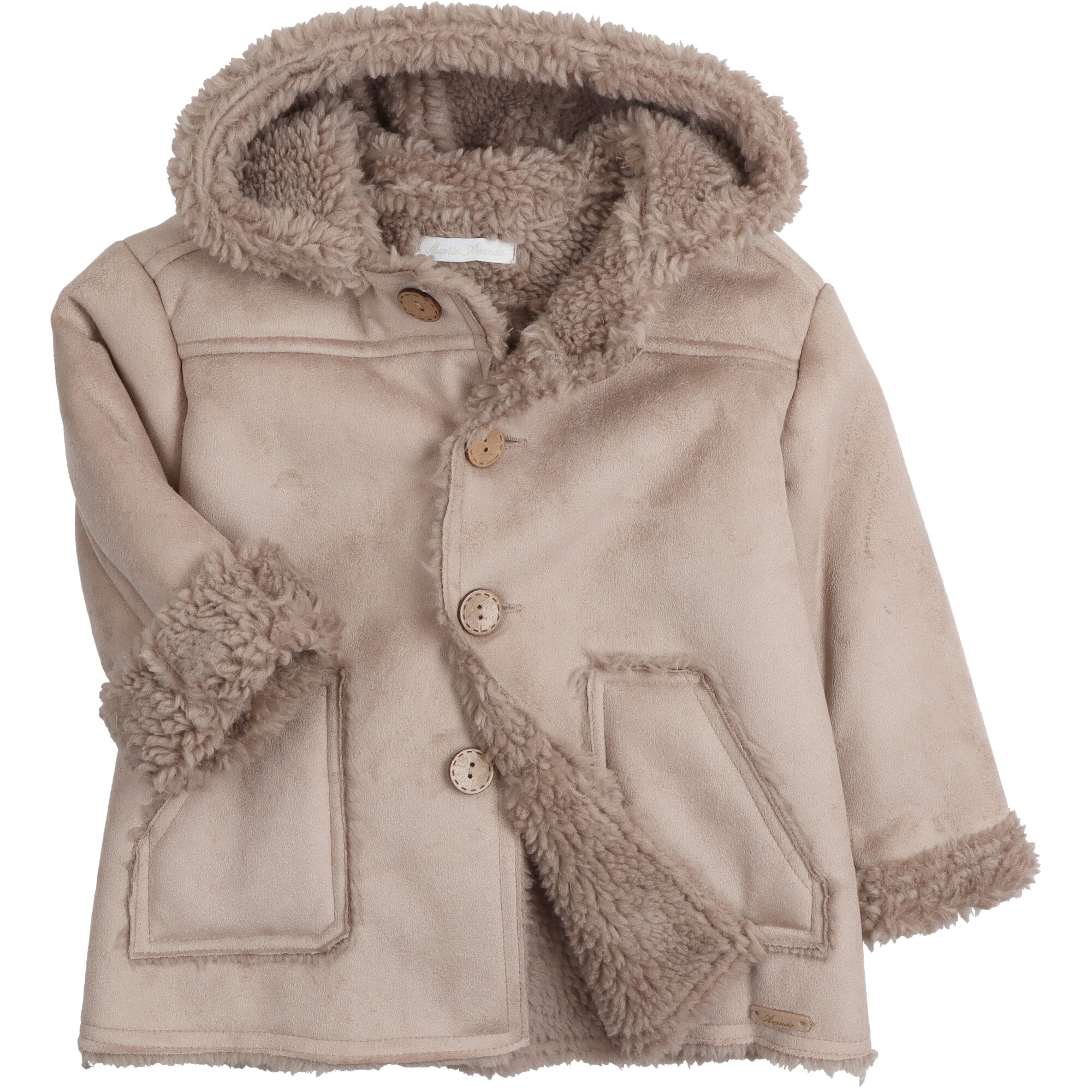 Cappottino baby beige effetto montone visto da dietro, con cappuccio e dettagli in pelliccia sintetica