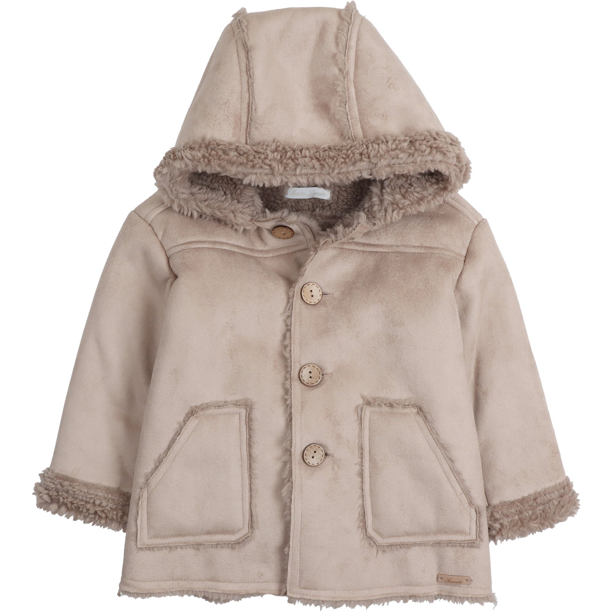 Cappottino neonato effetto montone beige con cappuccio, chiusura frontale con bottoni e tasche applicate