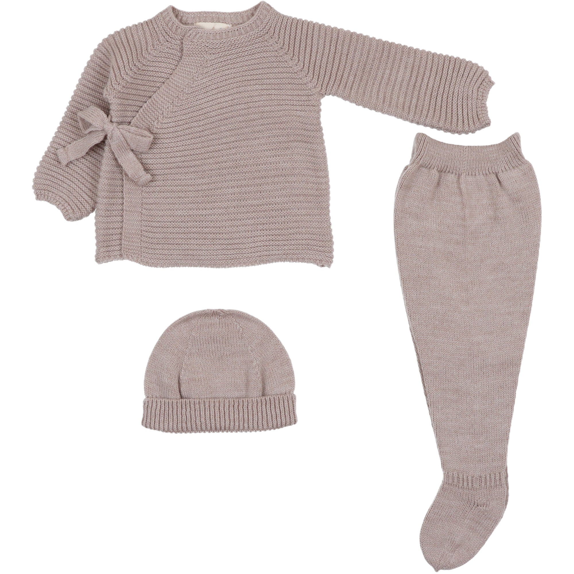 Completo neonato in misto lana beige Mac Ilusion con maglia a kimono a laccetto, pantaloni con piedini e cappellino coordinato