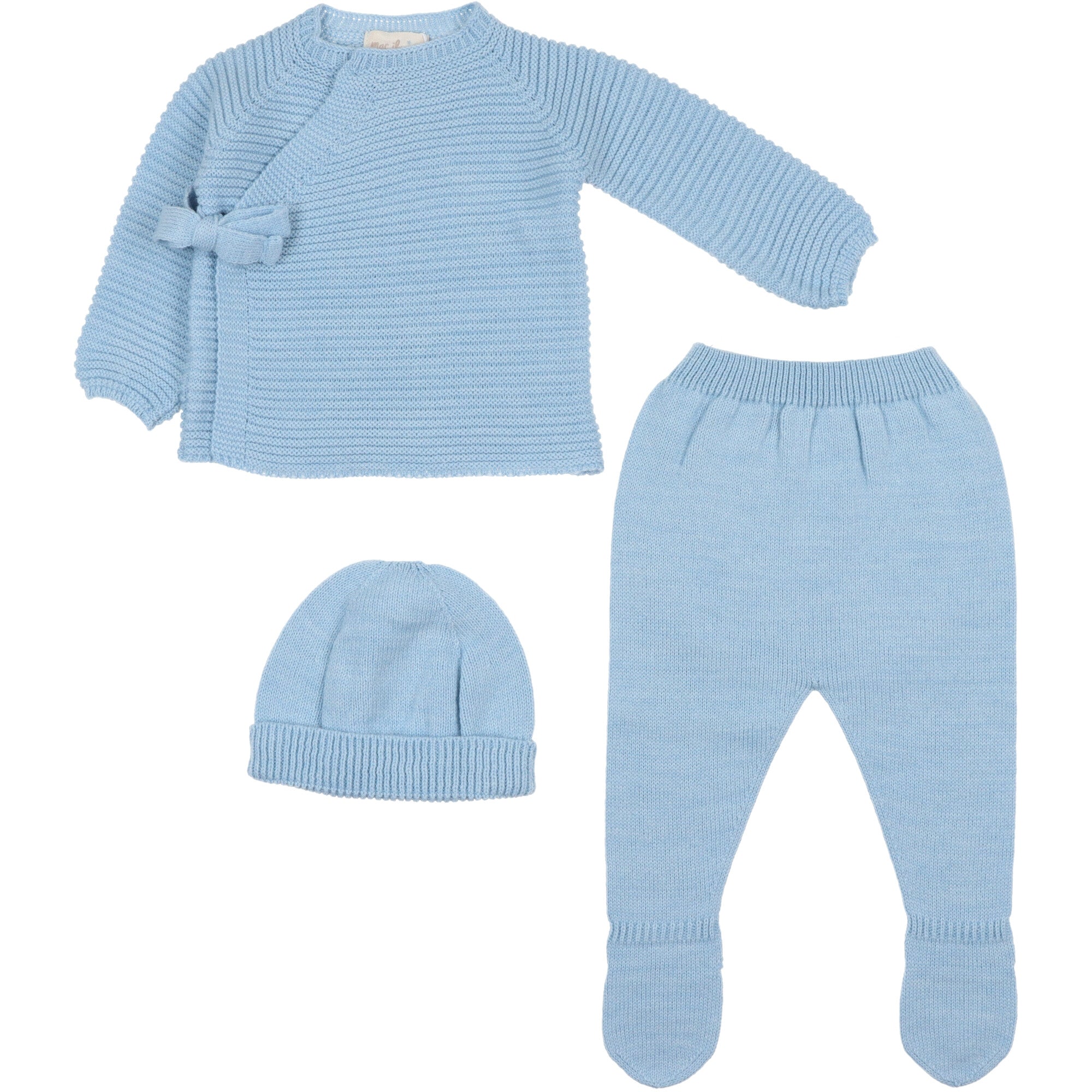 Completo neonato in misto lana azzurro Mac Ilusion con maglia a kimono a laccetto, pantaloni con piedini e cappellino coordinato