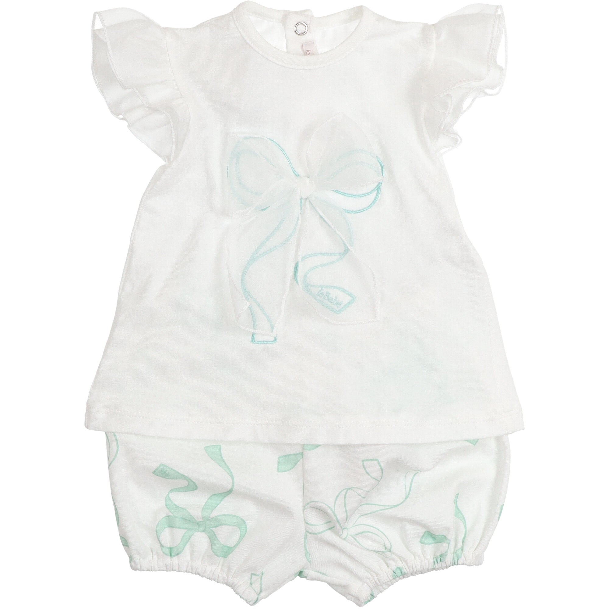 Completo bambina in cotone con maglietta bianca maniche volant fiocco applicato e short con stampa fiocchi verde acqua elasticizzati