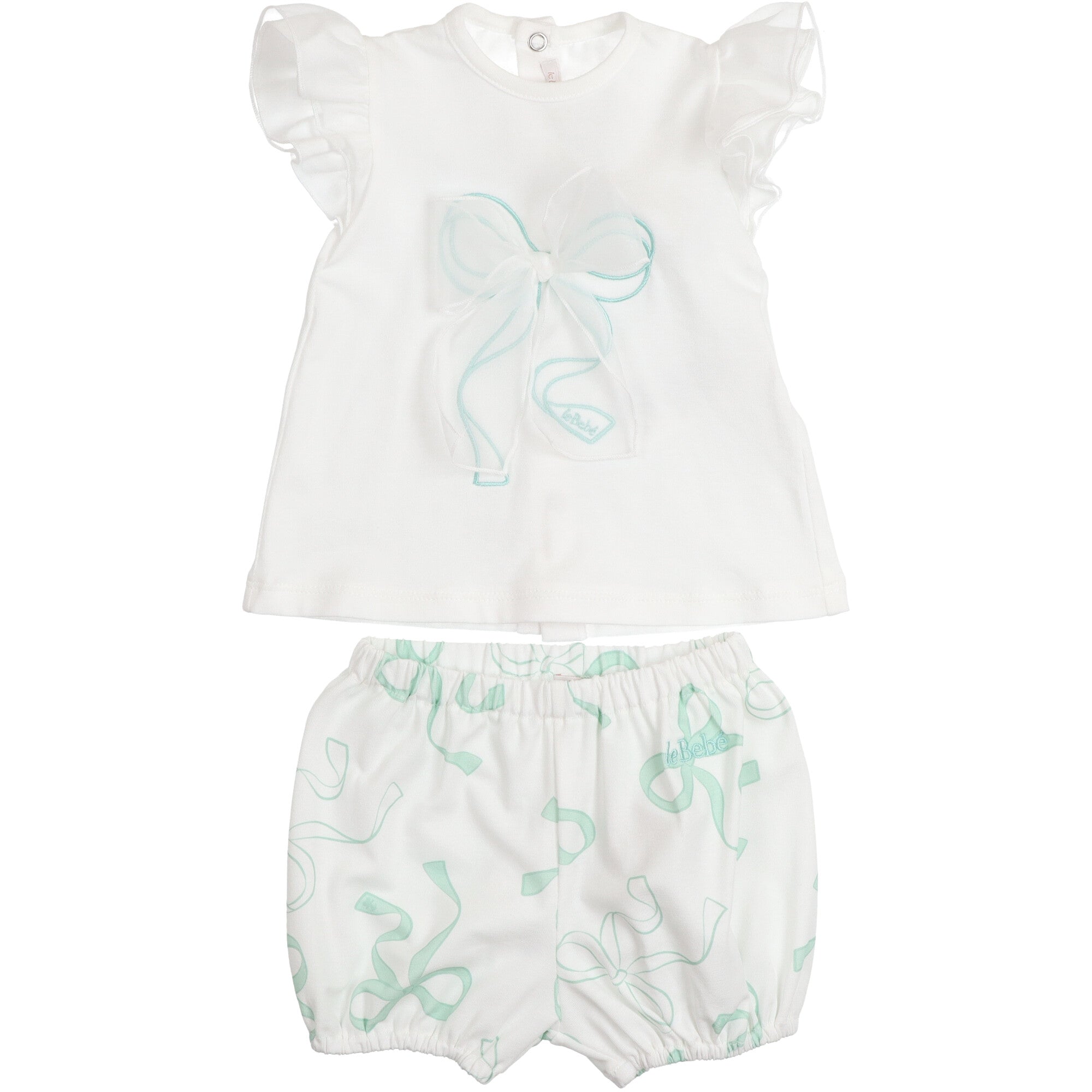 Completo bambina in cotone con maglietta bianca maniche volant fiocco applicato e short con stampa fiocchi verde acqua elasticizzati