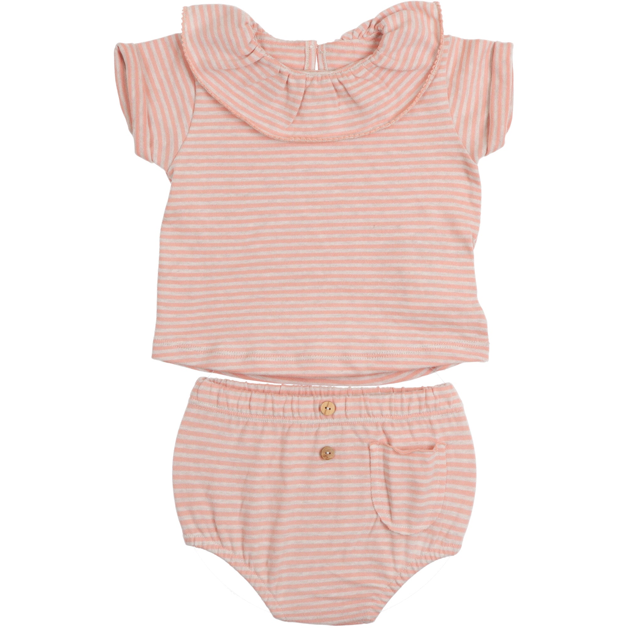 Completo neonato Snug con colletto volant e culotte semplice a righe
