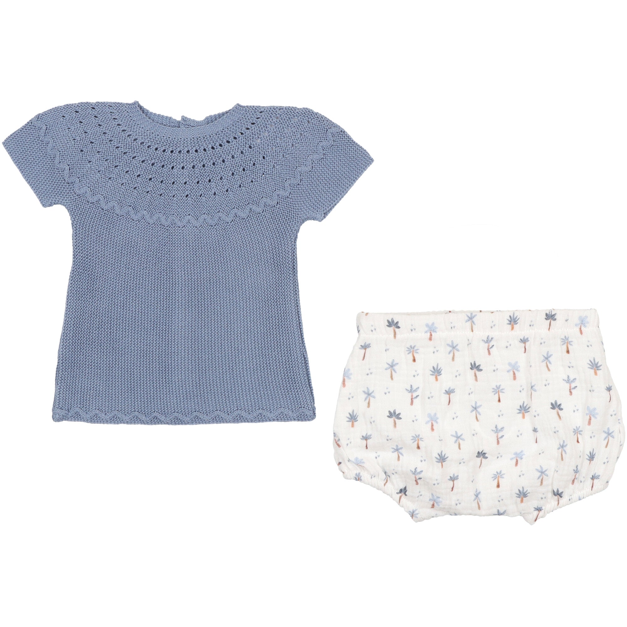 magli in filo colore blu completa di coulottina in mussola con stampa abito per neonati abito estivo