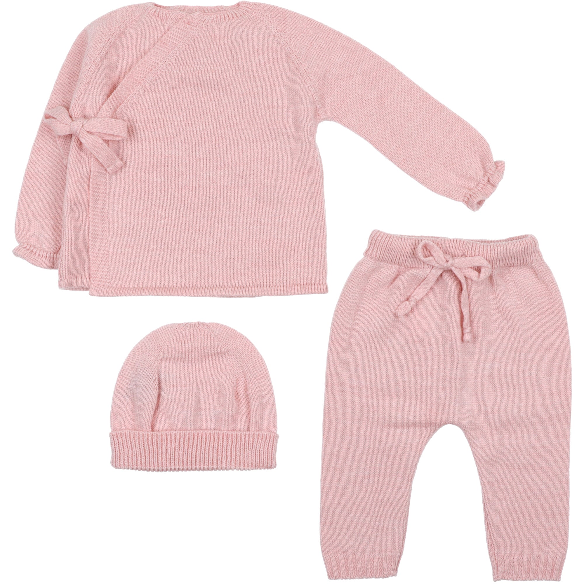 Completo rosa in misto lana per bambina con maglia a kimono con fiocchetto e pantalone con coulisse regolabile.
