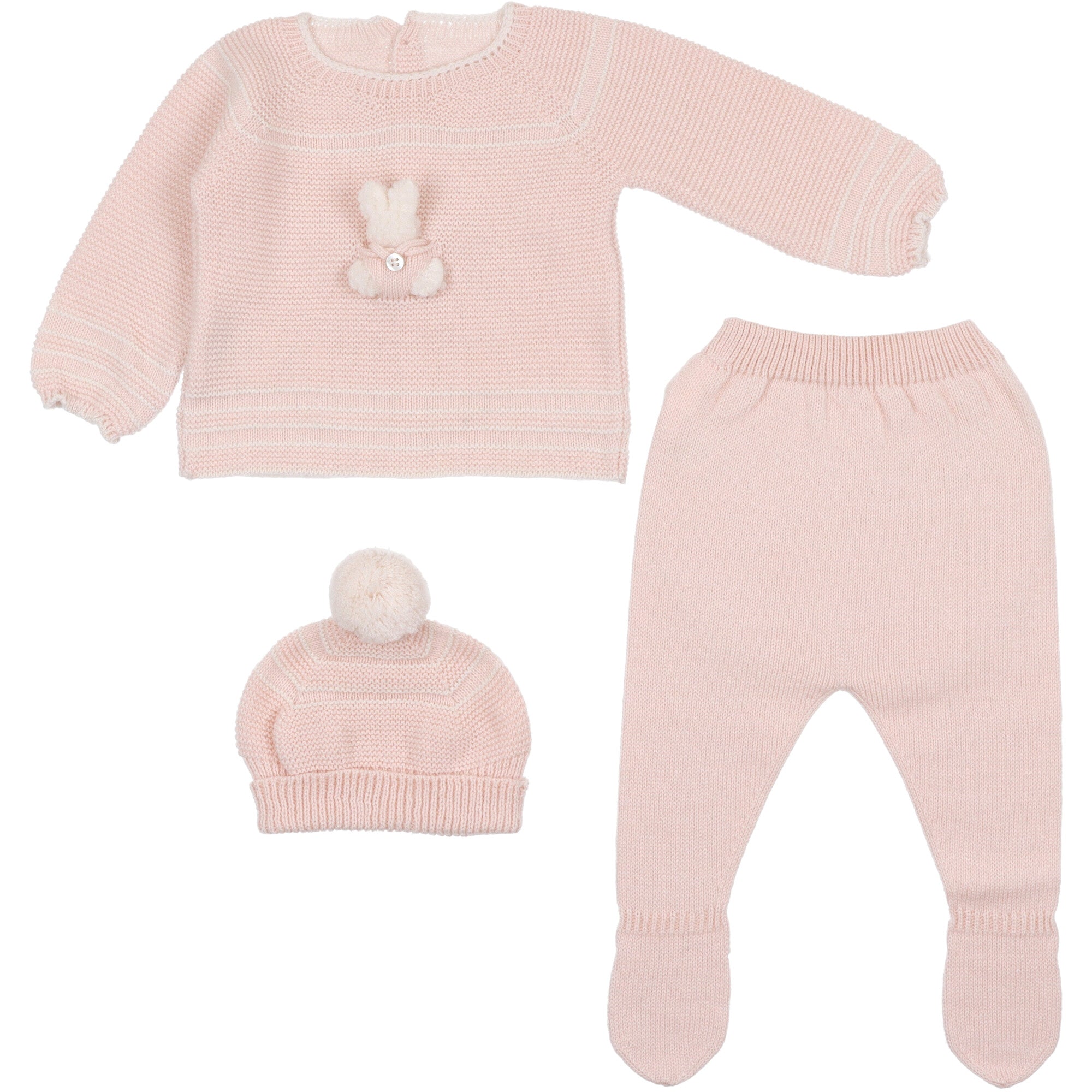 Completo in misto lana per bambina color rosa cipria con maglia ricamata, pantalone con piedini e cappellino coordinato con pon pon