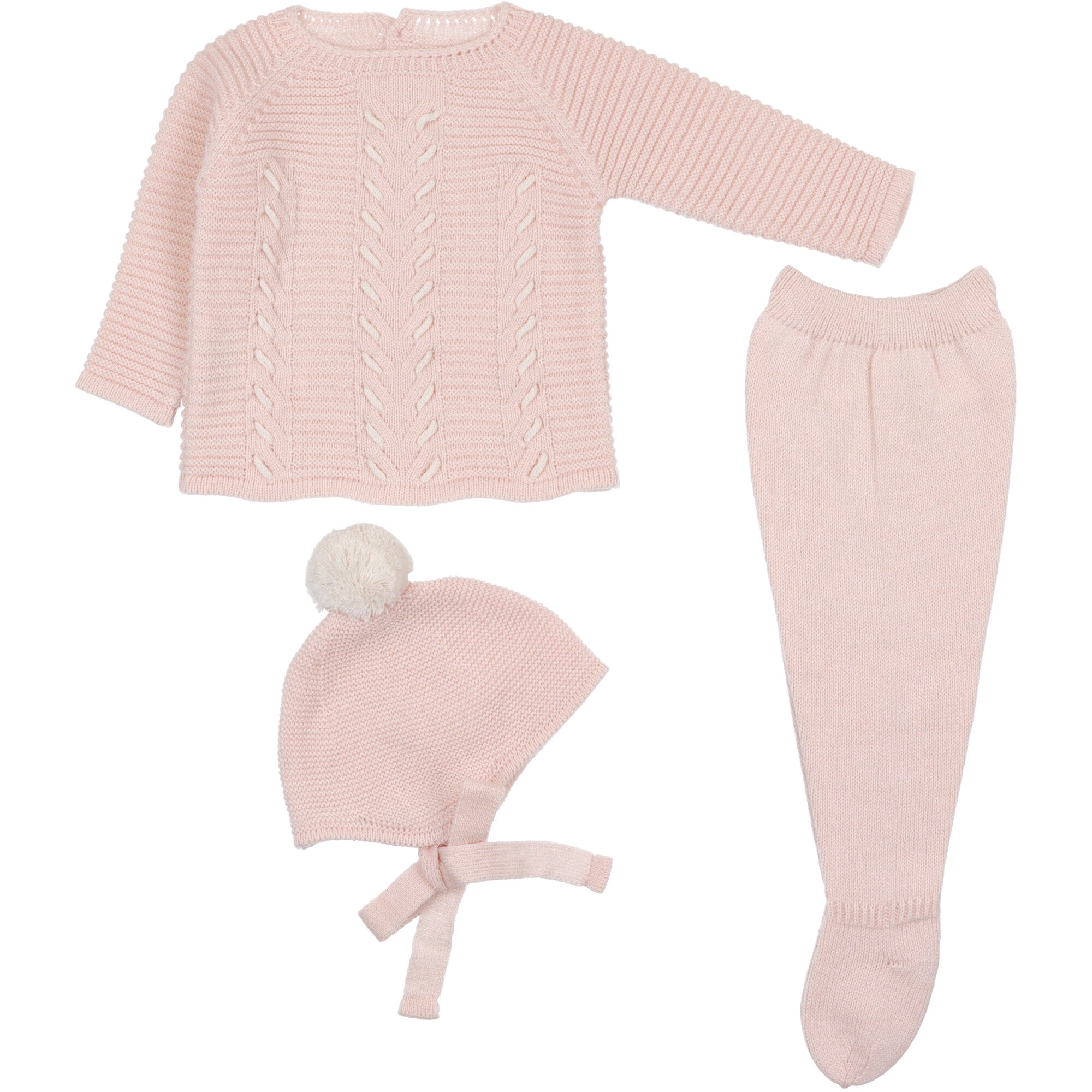 Completo neonata in misto lana colore rosa chairo di Mac Ilusion con maglione e pantaloni con piedini e cappellino coordinato