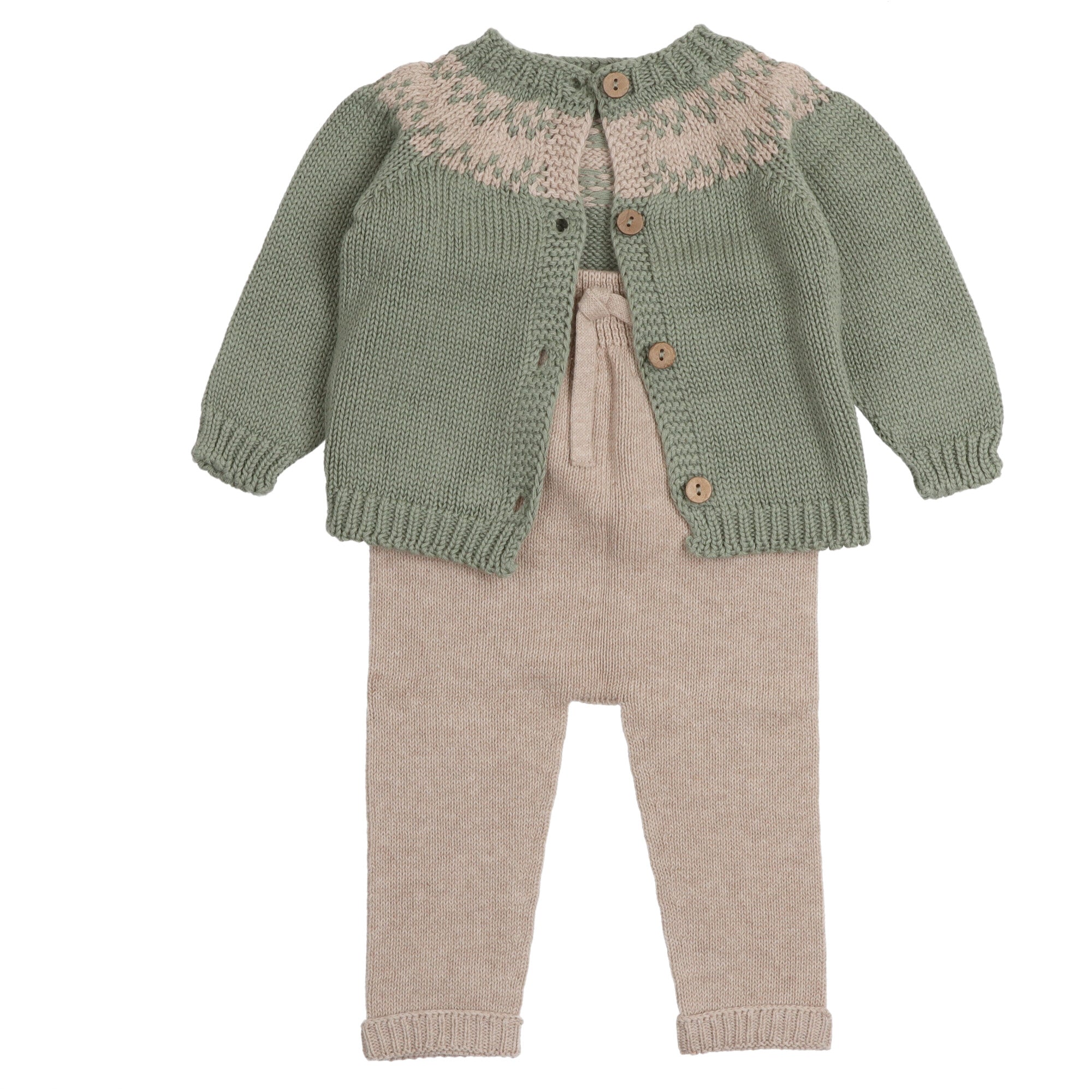 completo maglione reversibile e pantalone in filo di cotone verde e beige di li&amp;me cotone organico