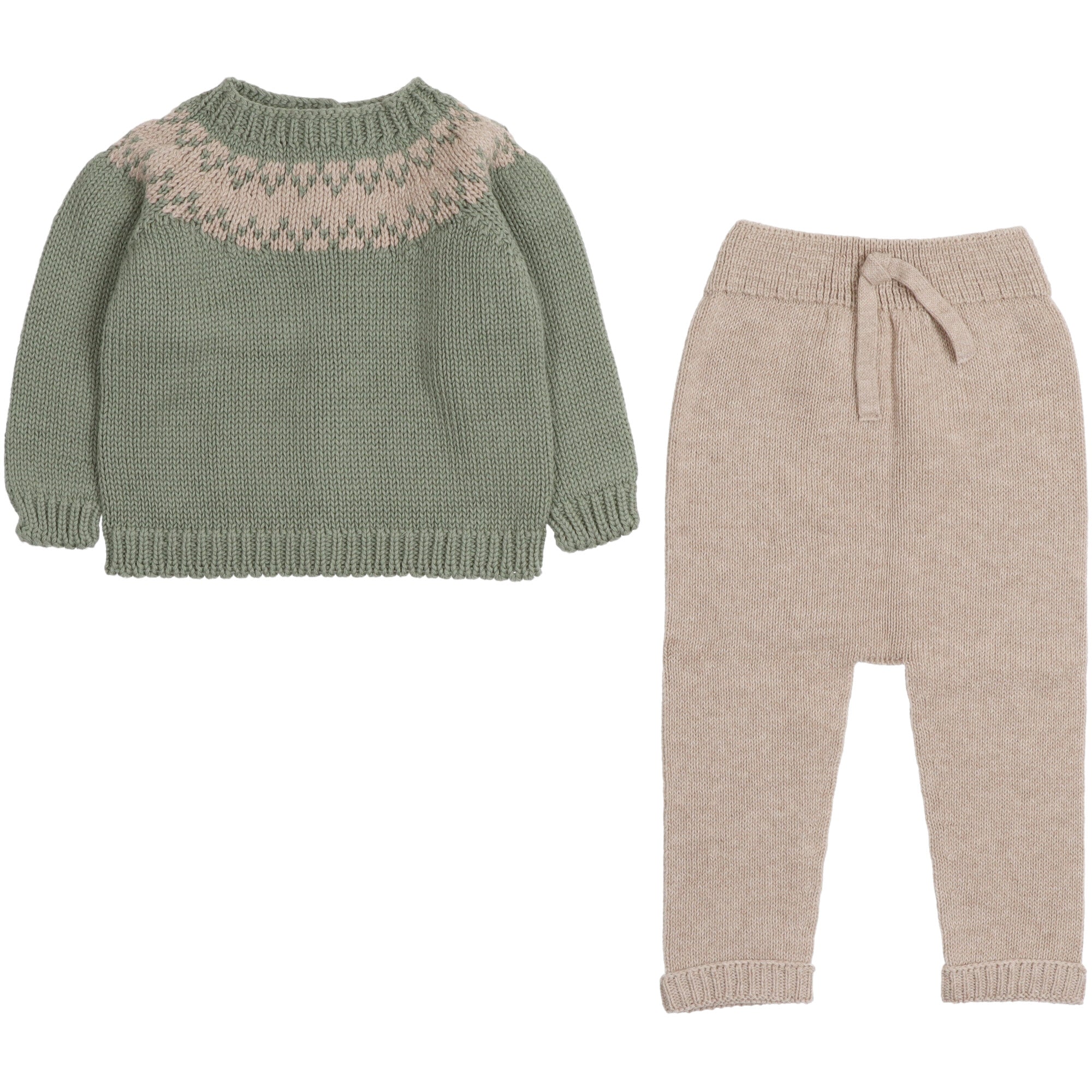 completo maglione e pantalone in filo di cotone verde e beige di li&amp;me cotone organico