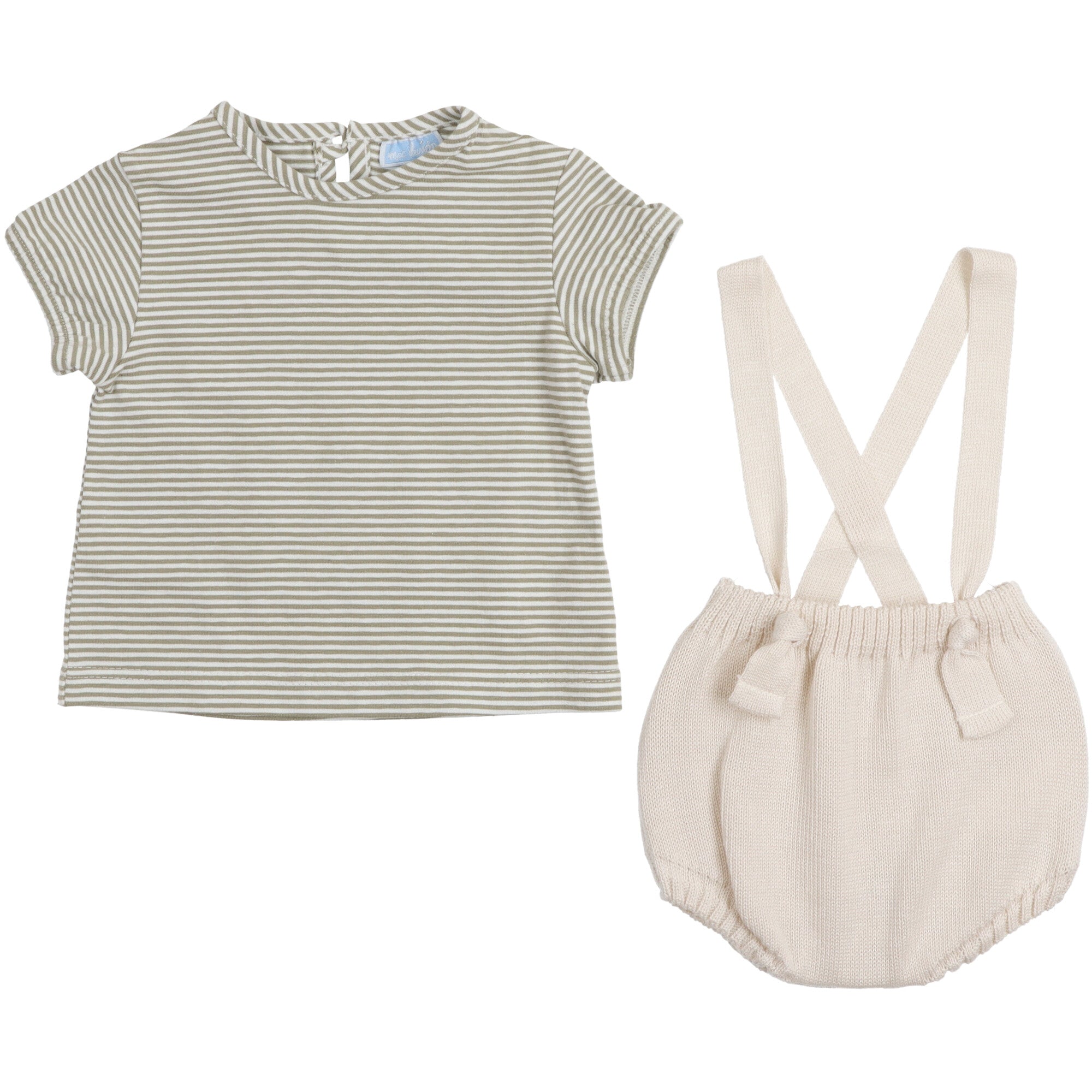 Completo neonato con t-shirt a righe verde salvia e pantaloncino copripannolino in maglia panna con bretelle incrociate