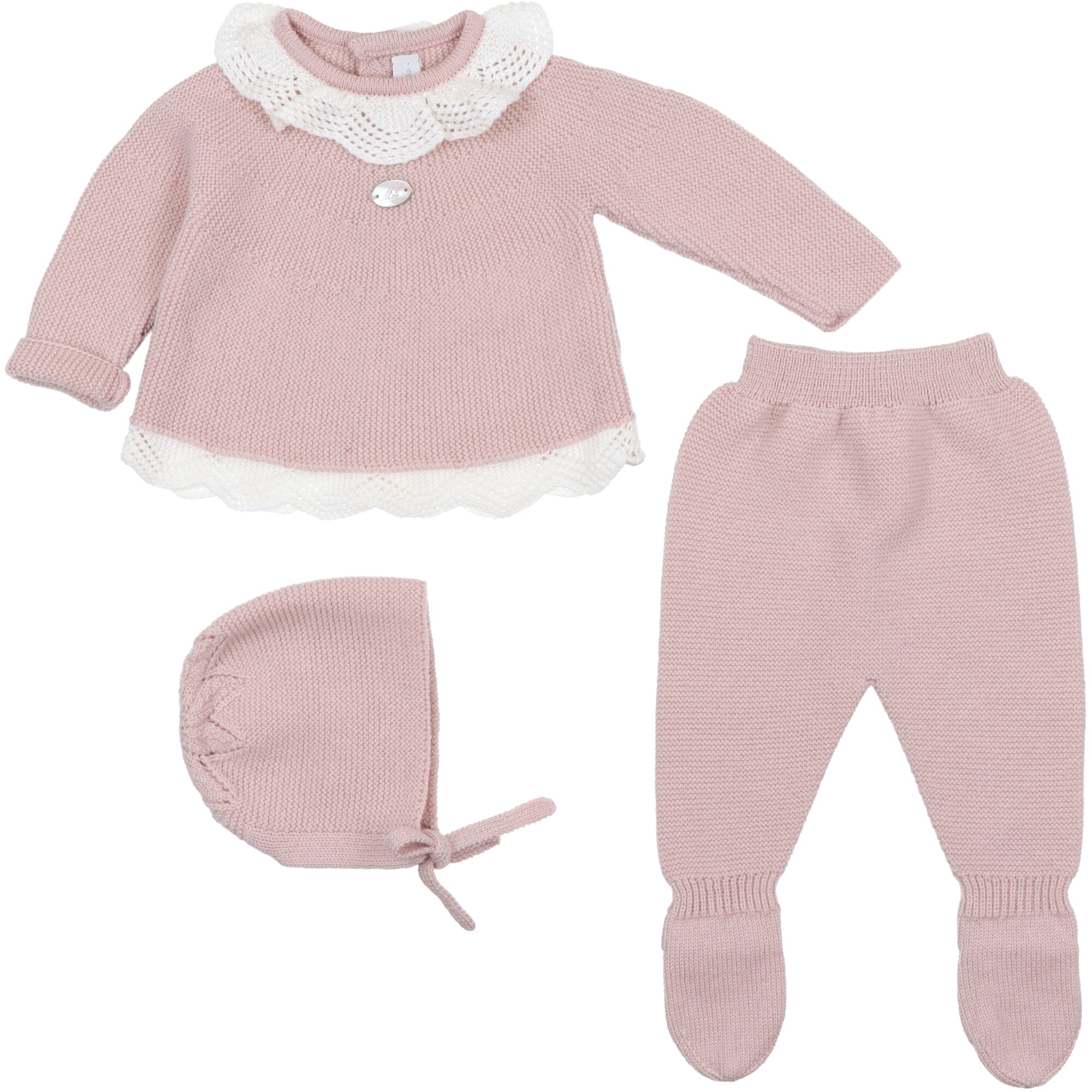 Completo in pura lana per neonata con maglia a colletto ricamato, pantaloni con piedini e cappellino coordinato.