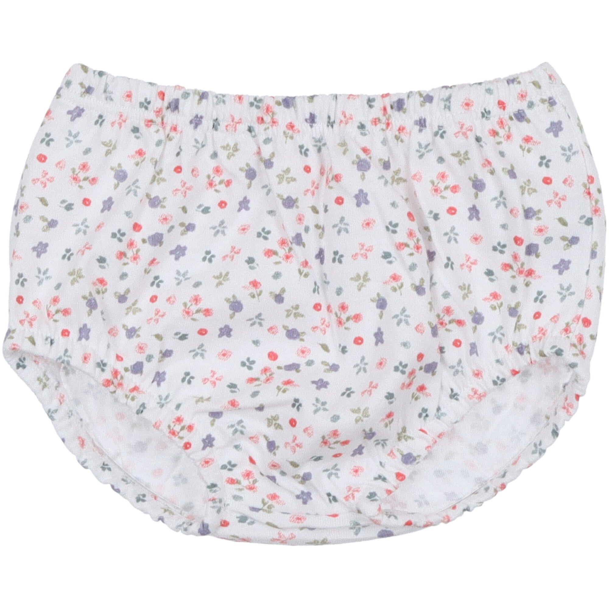 Coulotte per neonata in cotone bianco con delicata fantasia floreale multicolore ed elastico morbido in vita e sulle gambe.