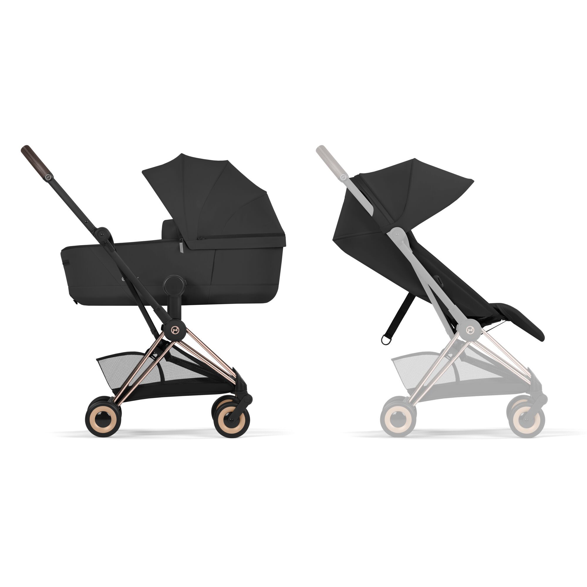 passeggino e carrozzina coya di cybex colore nero con telaio rosegoldduo onologato viaggio aereo super compatto e leggero