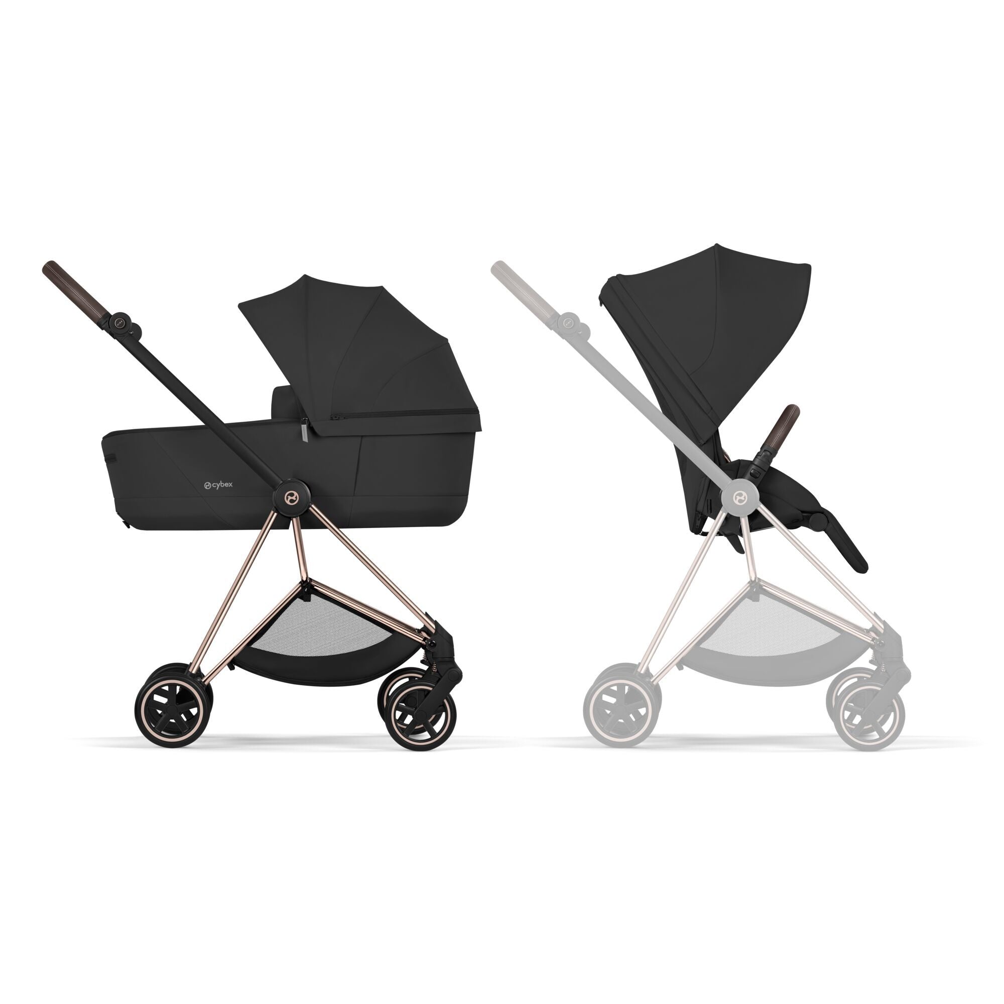 duo cybex modello Mios colore nero e telaio colore rosegold completo di passeggino e navicella richiudibile su telaio