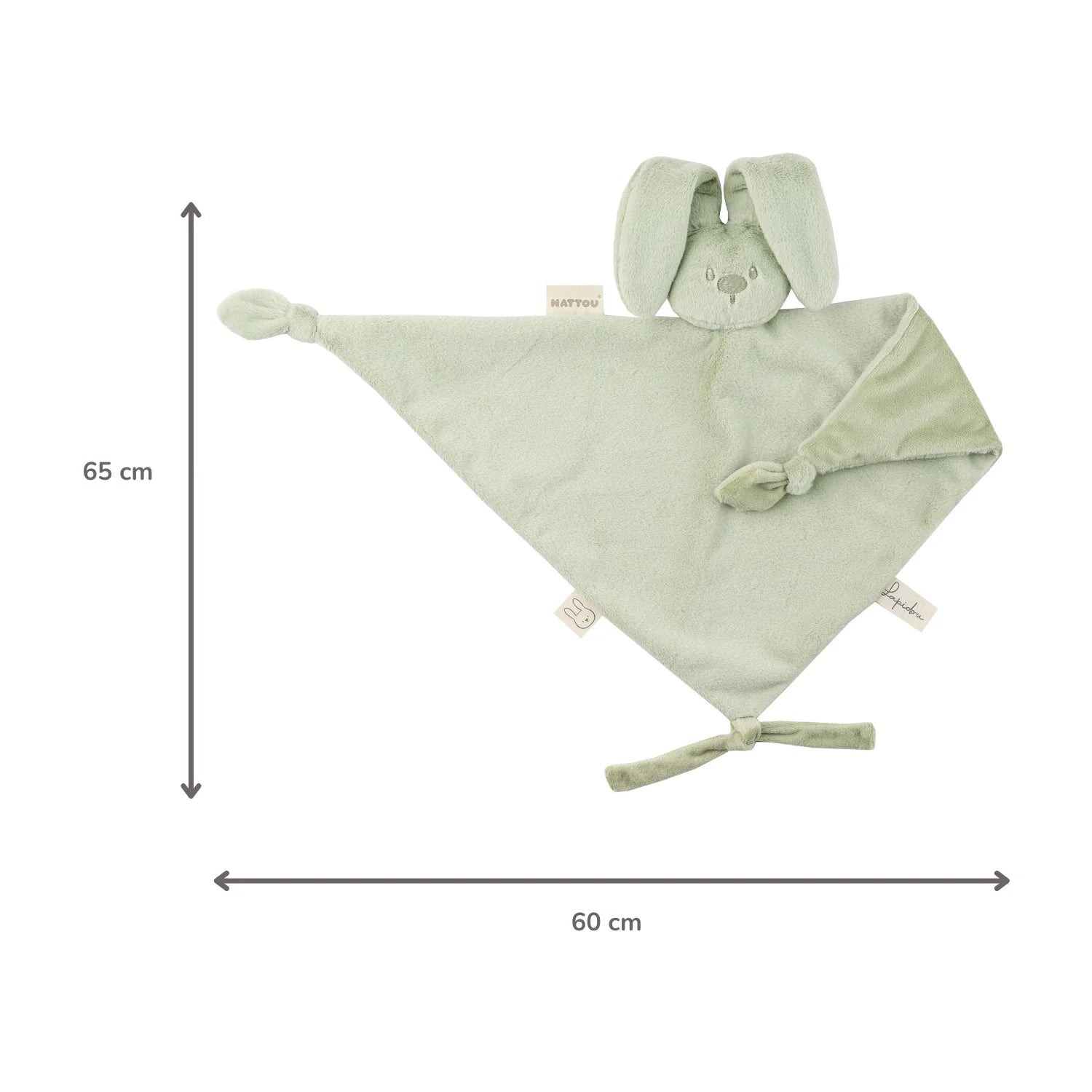 Doudou maxi verde salvia, morbido consolatore per neonati e bambini fin dalla nascita, ideale per nanna, coccole e regalo nascita.

Tenero coniglietto lavabile a 30°C, con dettagli tattili e cordoncini portaciuccio per offrire comfort, sicurezza e dolcezza ogni giorno. Tessuto morbido vellutino.