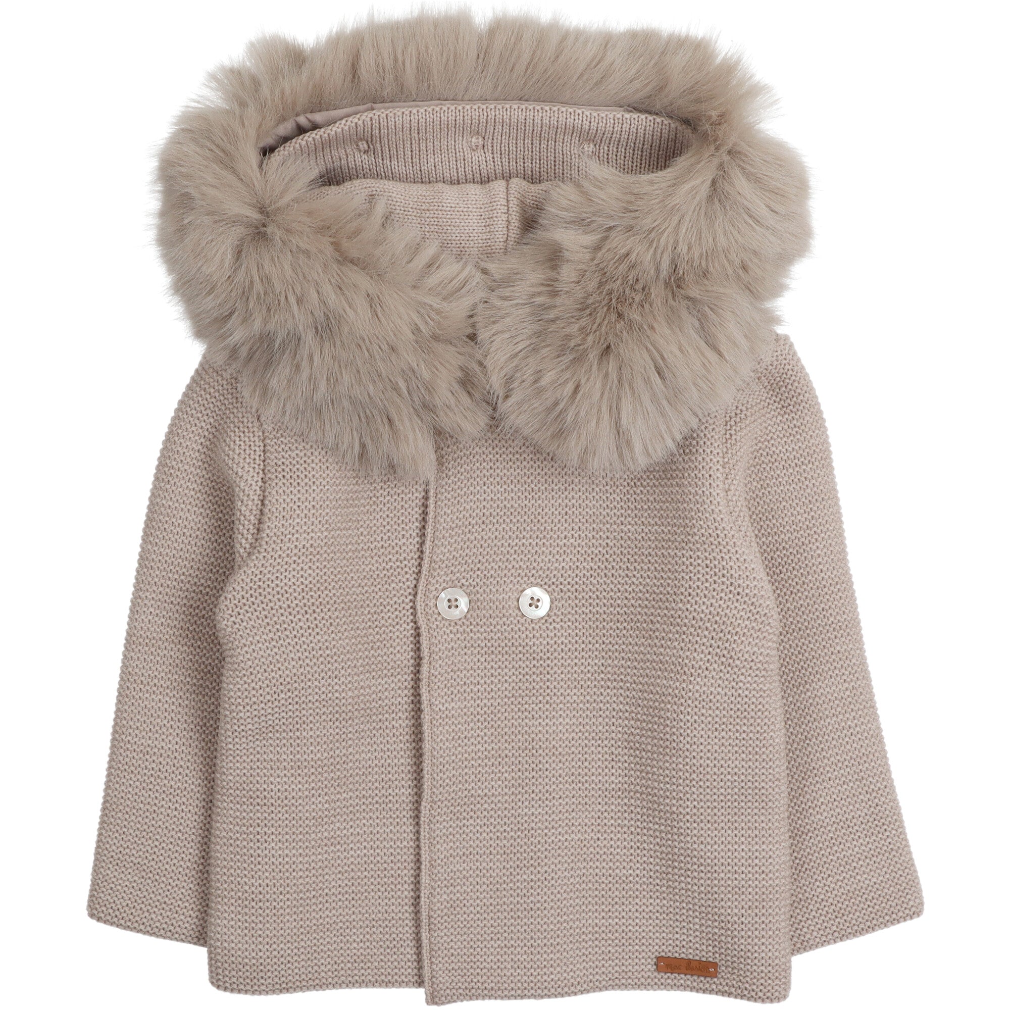 Cappottino neonato in maglia a doppio strato con bottonatura a doppio petto e cappuccio con eco-pelliccia rimovibile