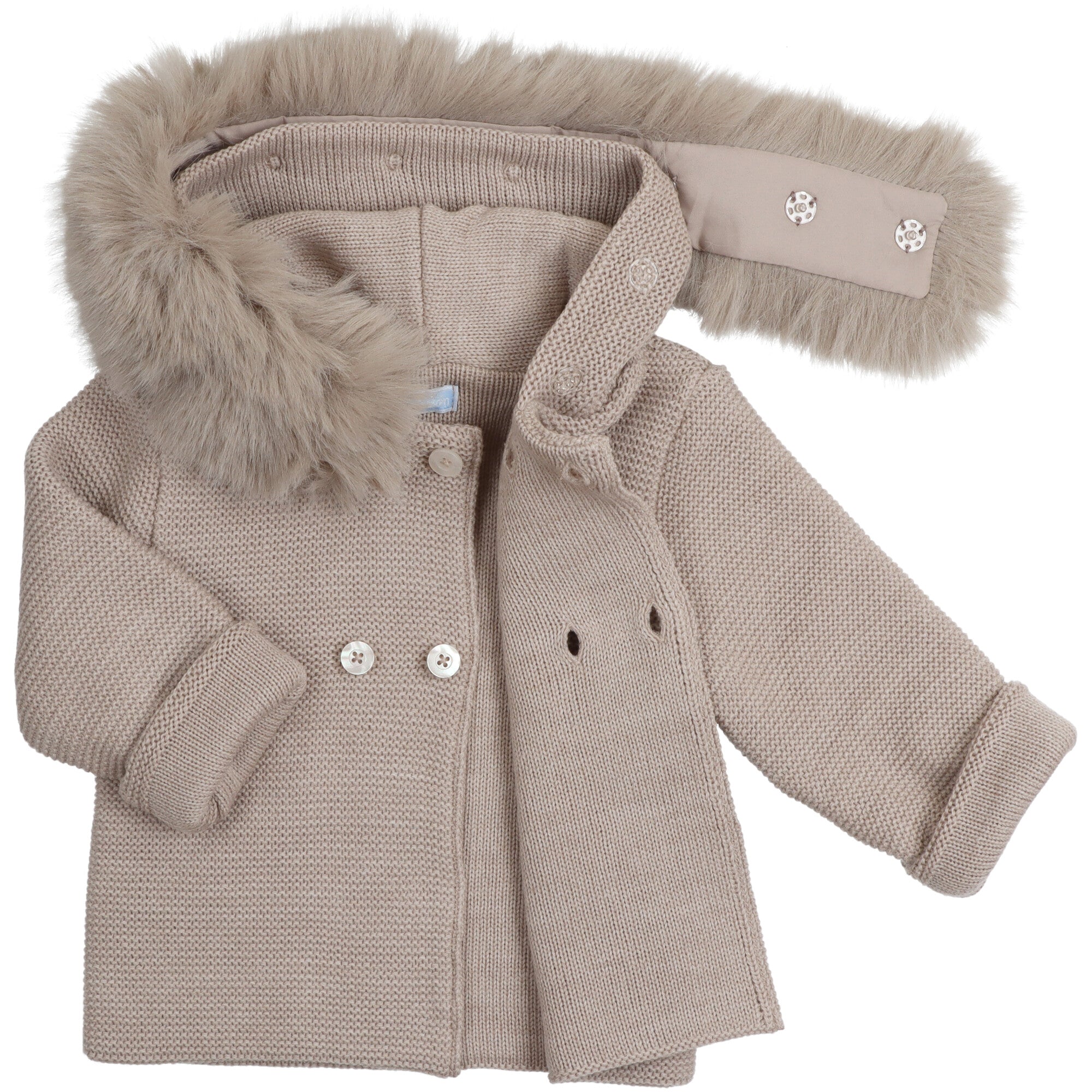 Cappottino neonato in maglia a doppio strato con bottonatura a doppio petto e cappuccio con eco-pelliccia rimovibile