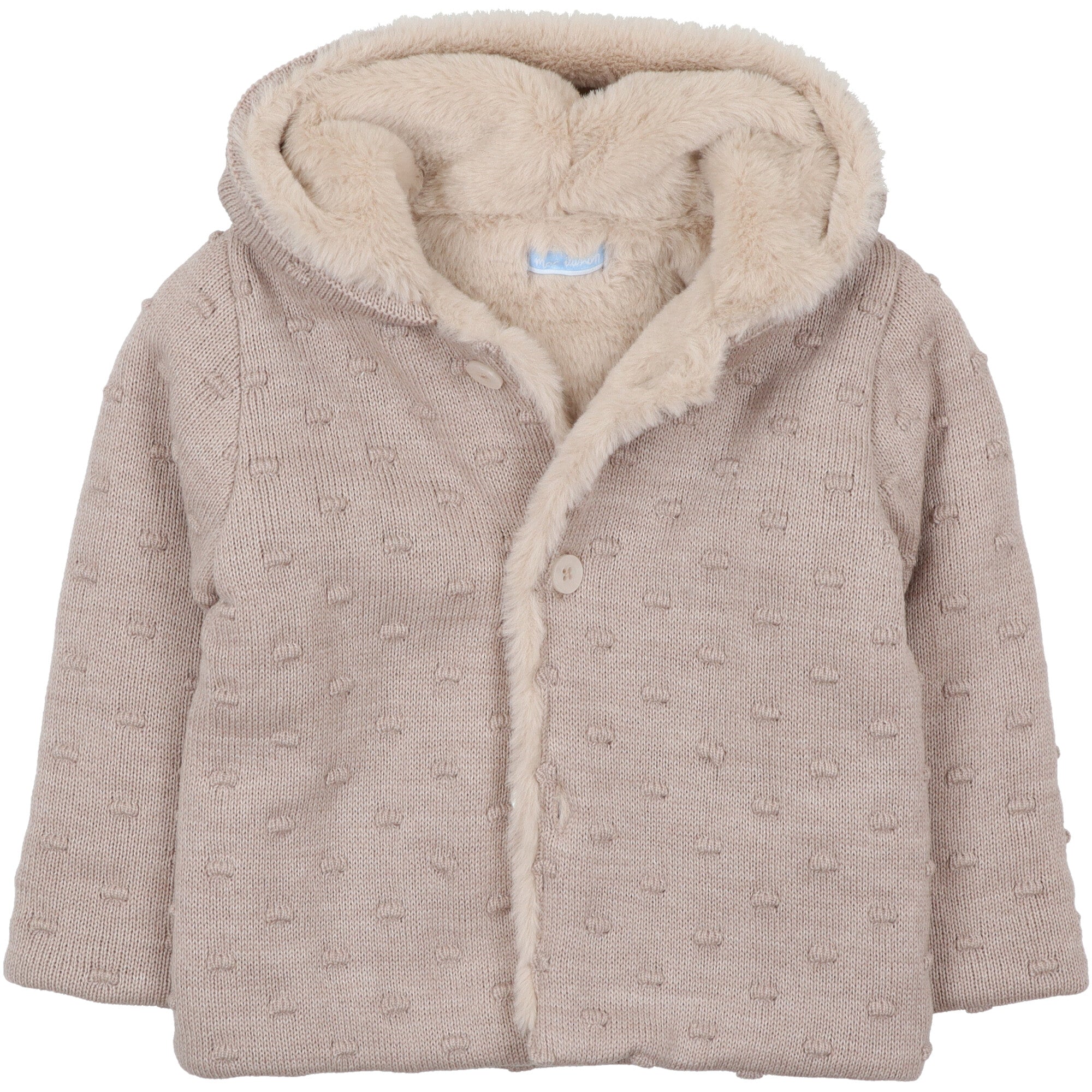 Giacca in lana per neonati e bambini, ideale per le stagioni fredde. Realizzata in maglia lavorata con delicato motivo a rilievo, è completamente foderata in eco-pelliccia morbida per garantire calore e comfort. Dotata di cappuccio foderato, chiusura frontale con bottoni e polsini risvoltabili, questa giacca unisce praticità ed eleganza. 