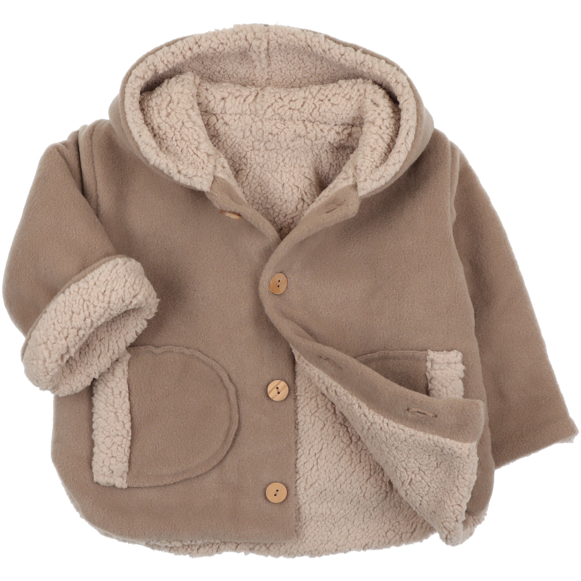 Giacca imbottita per neonato e bambino con cappuccio, chiusura a bottoni e interno in tessuto teddy, colore beige.