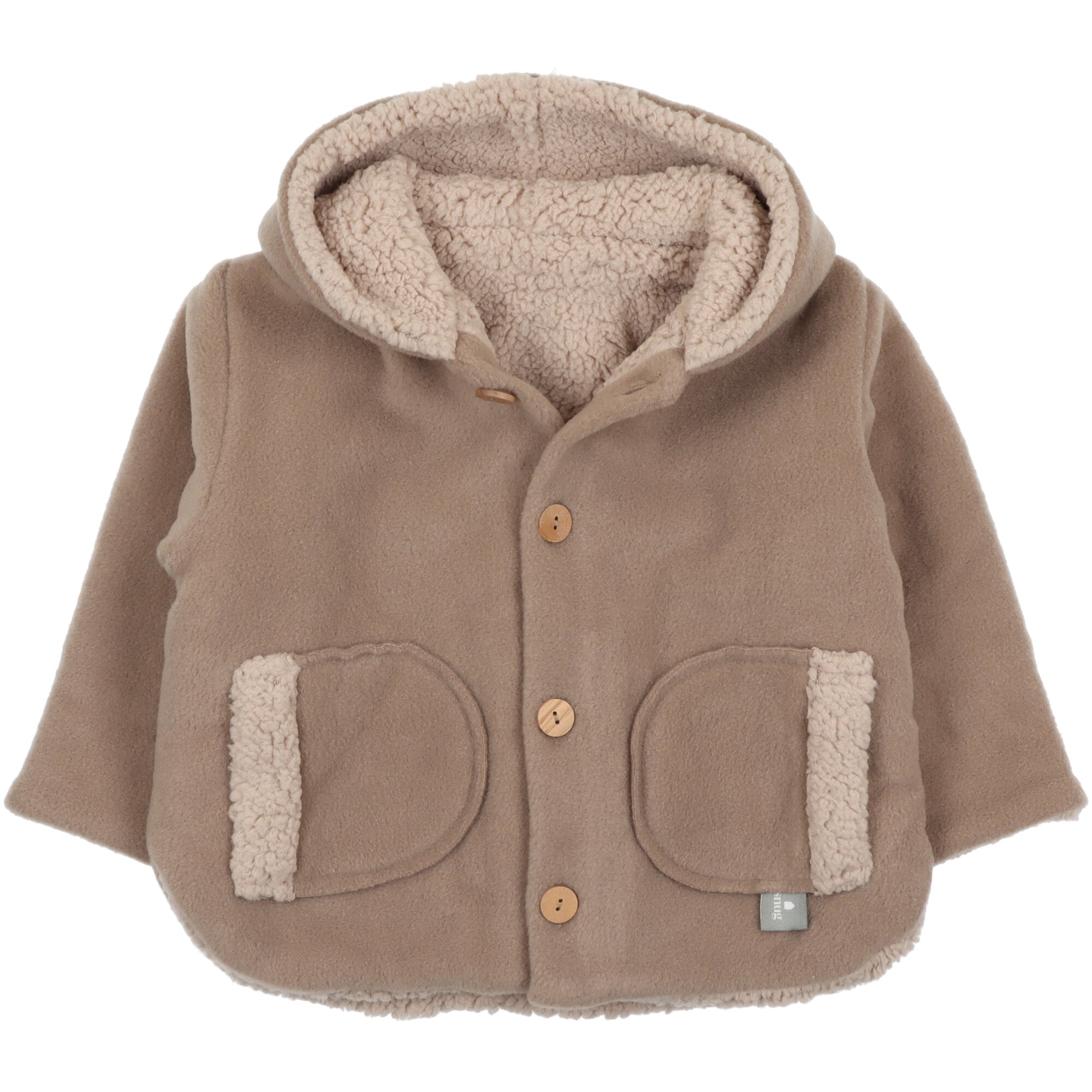 Giacca imbottita per neonato e bambino con cappuccio, chiusura a bottoni e interno in tessuto teddy, colore neutro.