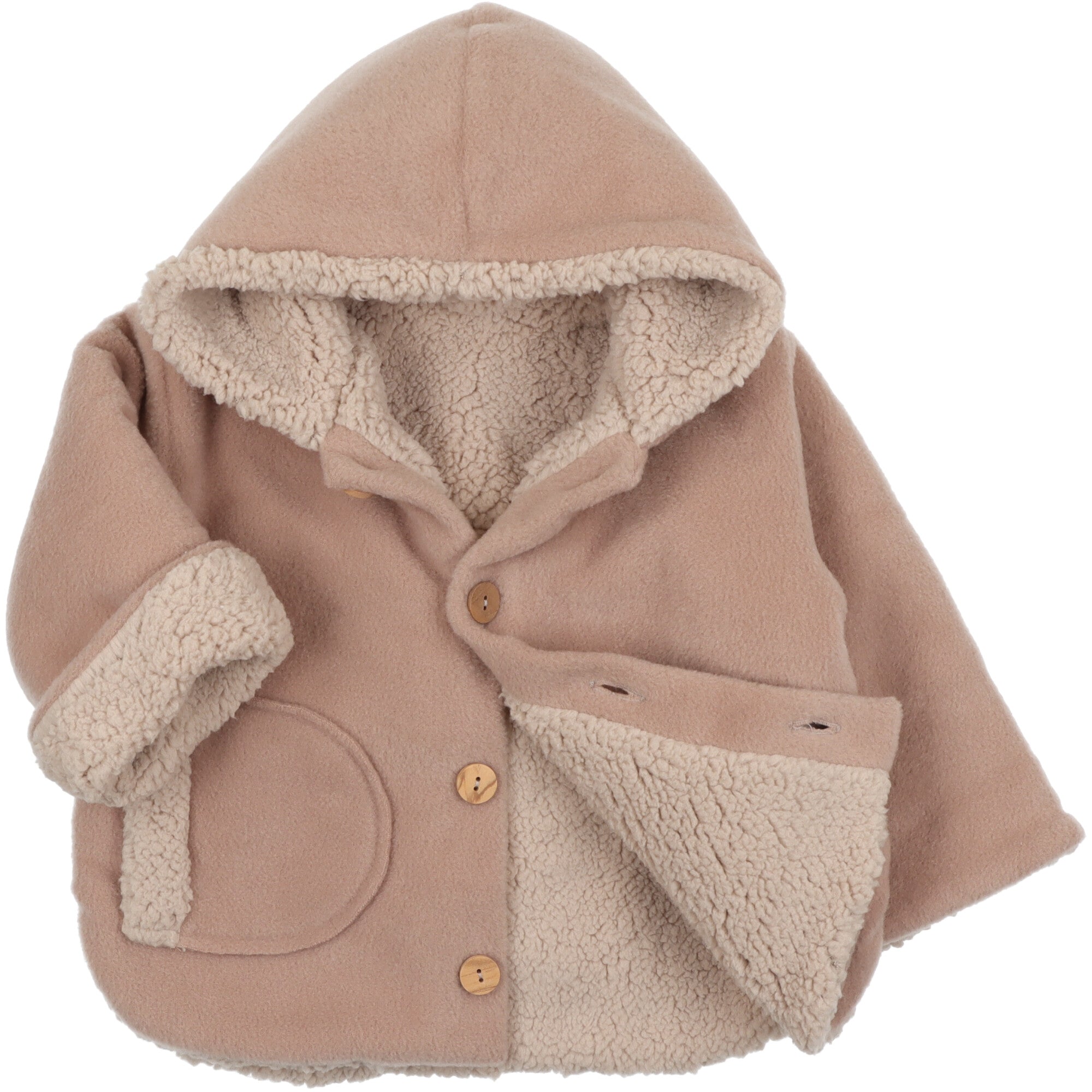 Giacca imbottita per neonata e bambina con cappuccio, foderata internamente in caldo teddy. Morbida, confortevole e ideale per l’inverno.