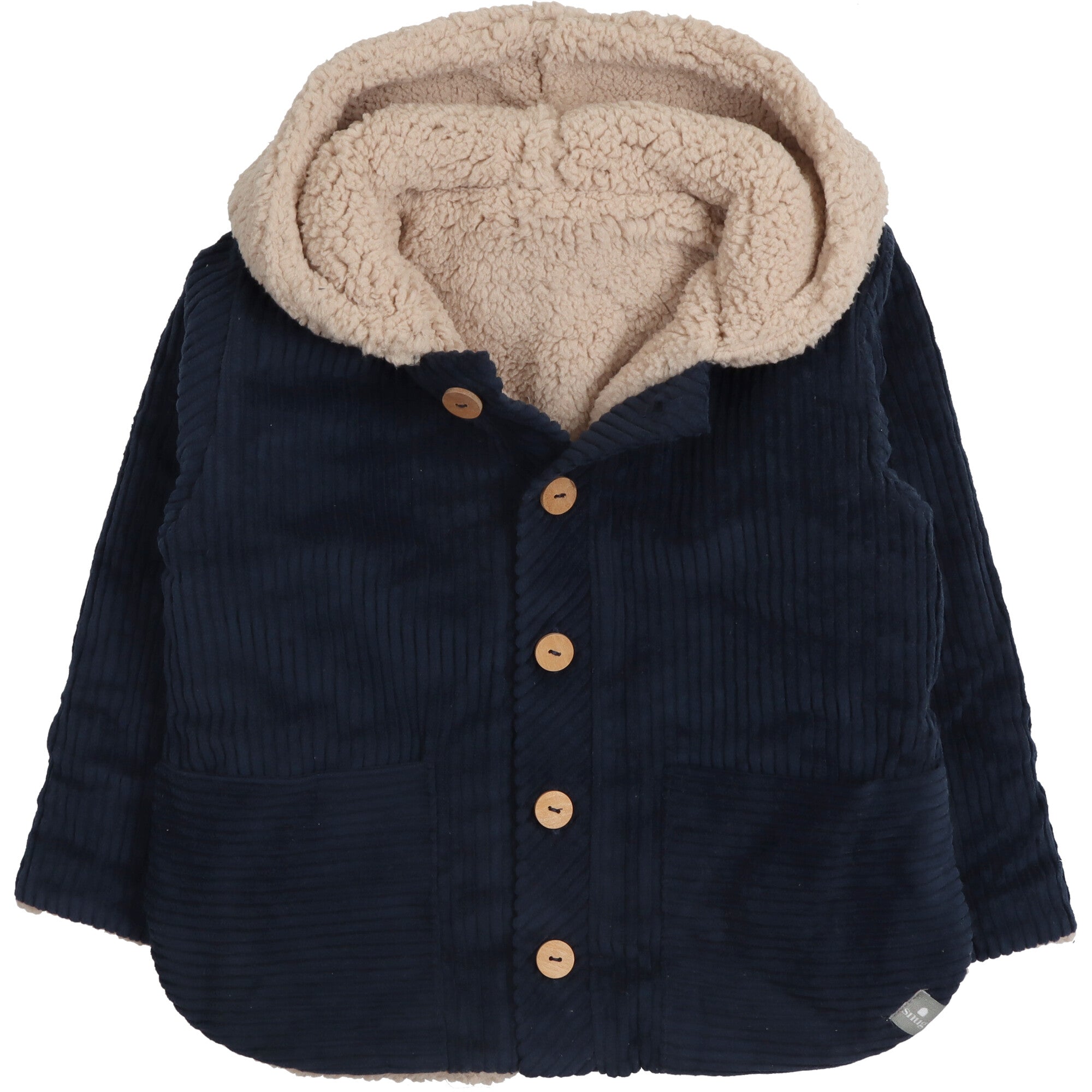 Giacca bambino realizzata in velluto a costine di cotone organico, foderata internamente in caldo teddy per un comfort avvolgente nei mesi invernali.