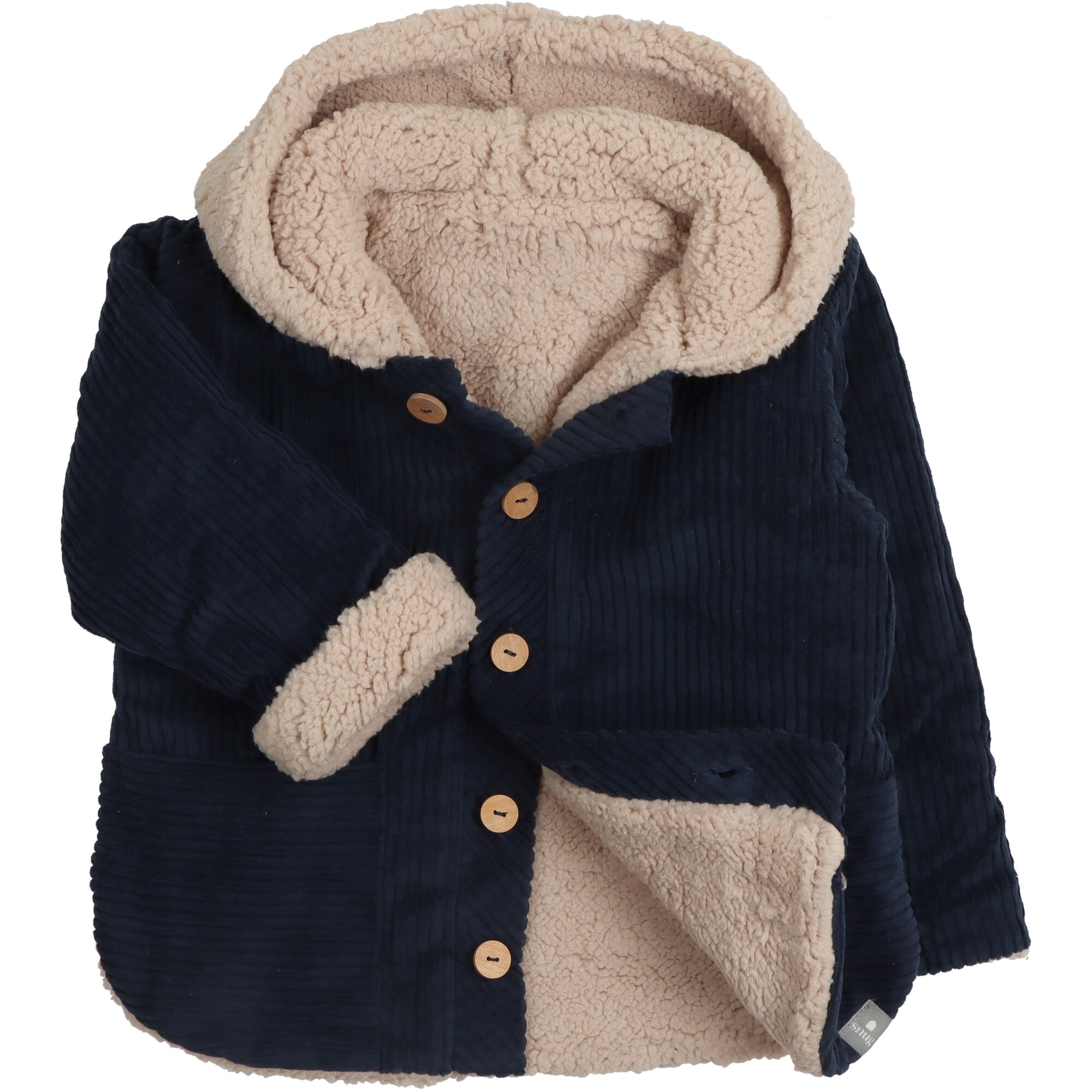 Giacca per neonato e bambino realizzata in velluto a costine di cotone organico, colore blu foderata internamente in caldo teddy per un comfort avvolgente nei mesi invernali.