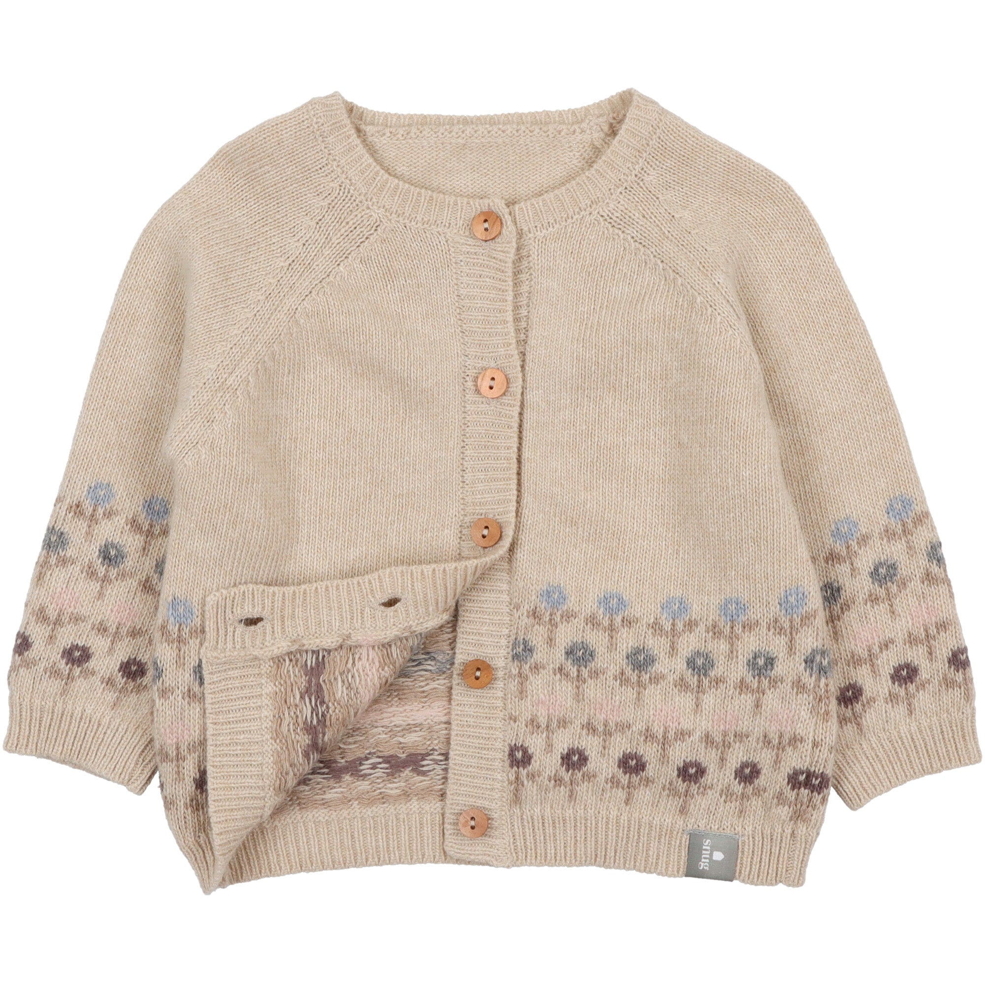 cardigan in lana per bambina colore beige con lavorazione jaquard a fiorellini chiusura davanti con bottoni in legno
