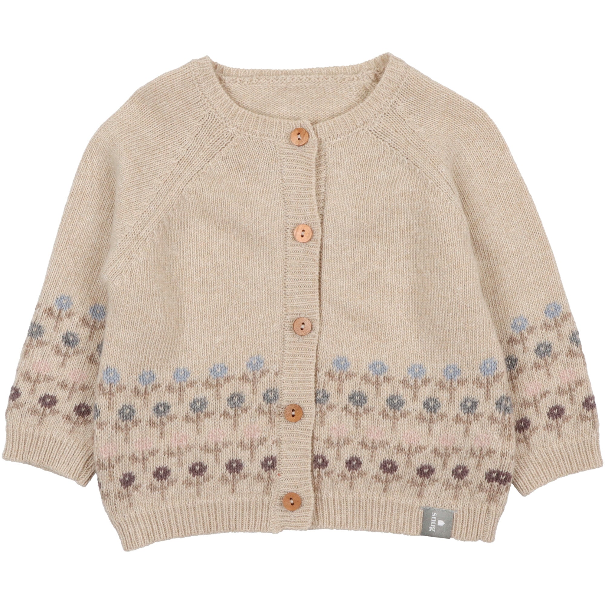 cardigan in lana per bambina colore beige con lavorazione jaquard a fiorellini chiusura davanti con bottoni in legno