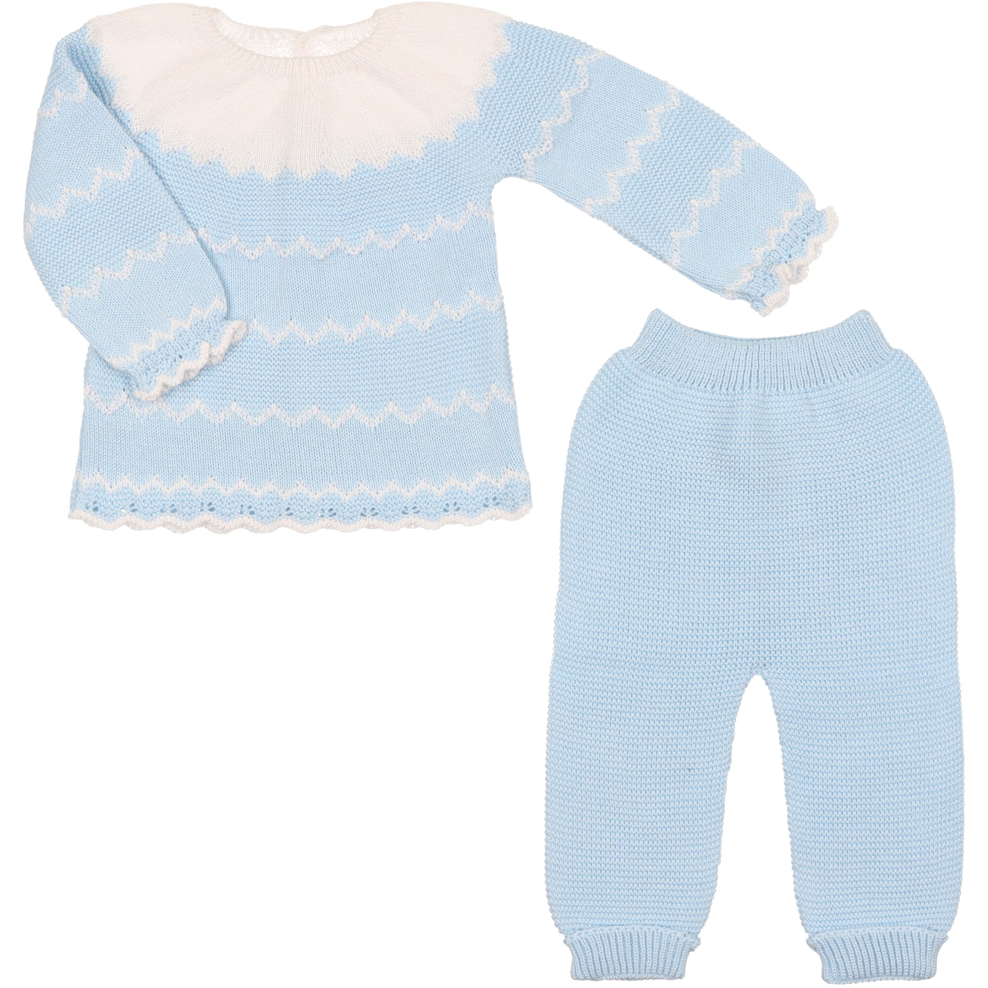 completo in filo di cotone colore azzurro e bianco maglia con raffinato motivo jacquard colore bianco e azzurro pantaloni senza piede con vita elasticizzara abbinati in colore azzurro