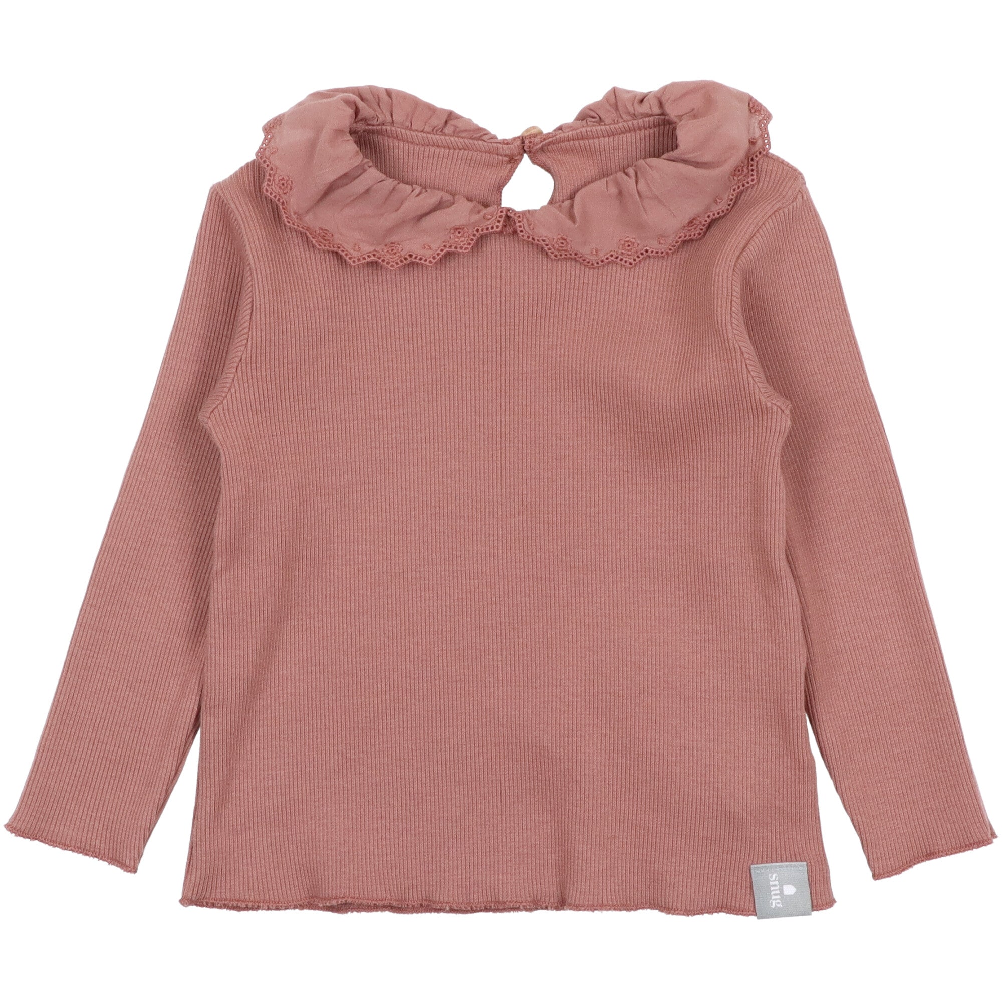 Maglia bambina a maniche lunghe in cotone biologico a coste rosa antico con colletto arricciato in ricamo inglese e apertura a goccia sul retro.