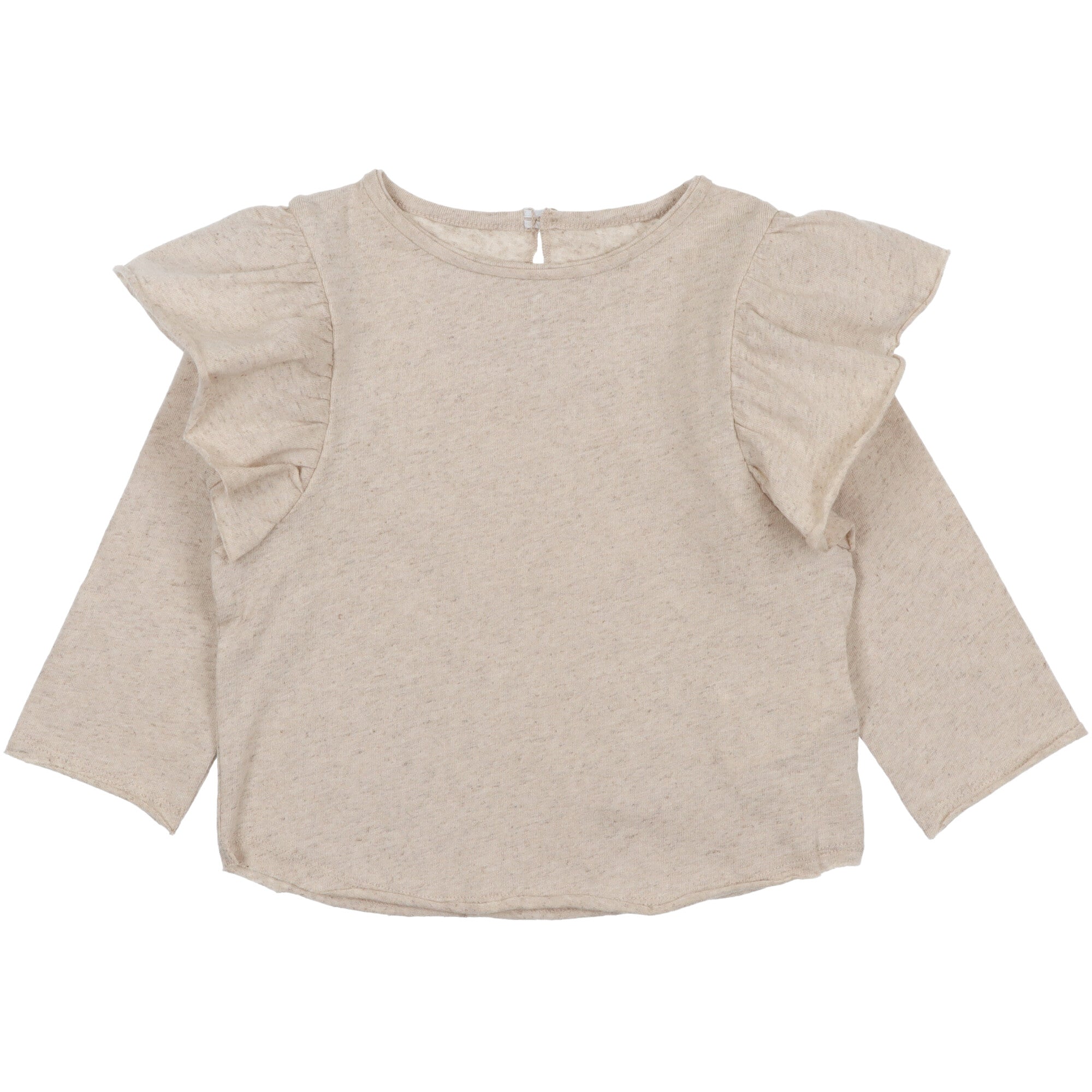 Maglia bambina a maniche lunghe in cotone colore naturale con volant sulle spalle e apertura a goccia sul retro.