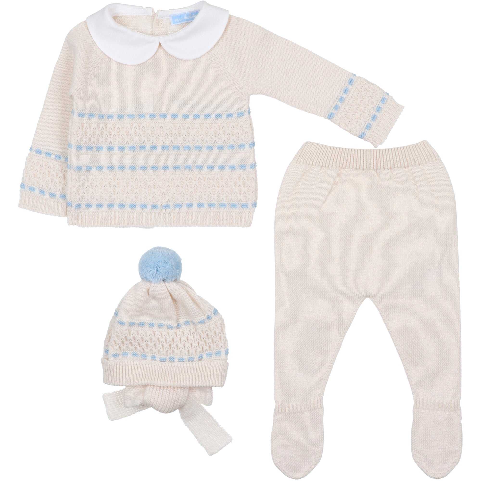 completo invernale in misto lana colore panna con inserti in colore azzurro cappello con copriorecchie e pompon per neonato